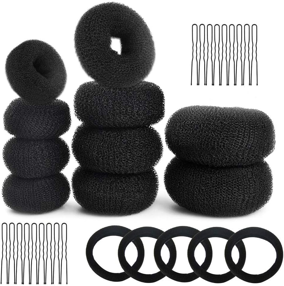 GOLRISEN Donut Hair Bun Maker Set,Black Bun Shaper,Hair Styling Accessory Dount Ring Style 10pcs Chignon Bun Maker (2L/4M/4S) with Hair Elastic Bands and Hair Bobby Pins for Dance Ballet