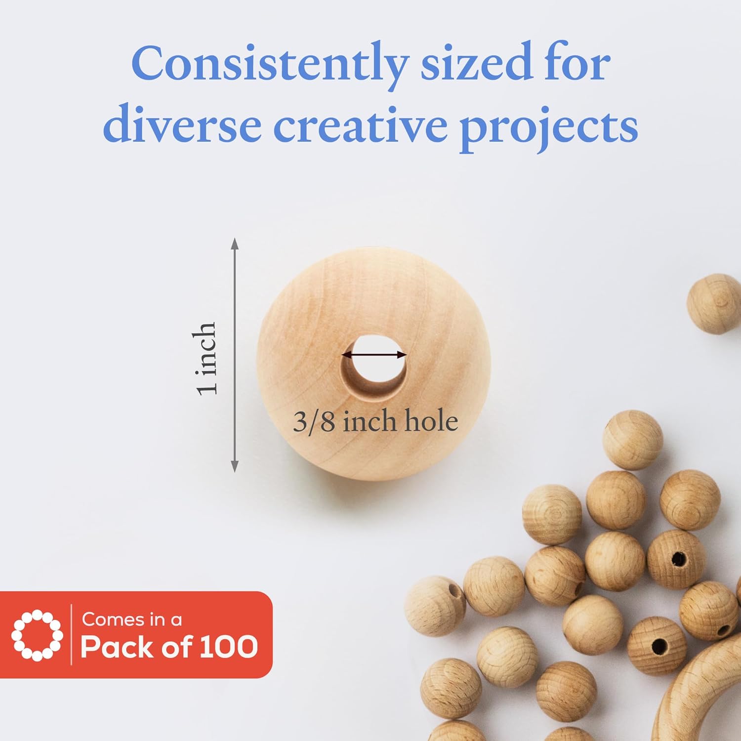 Large Wooden Beads for Crafts - Pack of 100 25mm 1 x 3/8 Inch Hole Large Wood Beads for Crafts withHoles for DIY | Round Wooden Balls for Crafts | Wood Beads for Jewelry Making | Woodpeckers