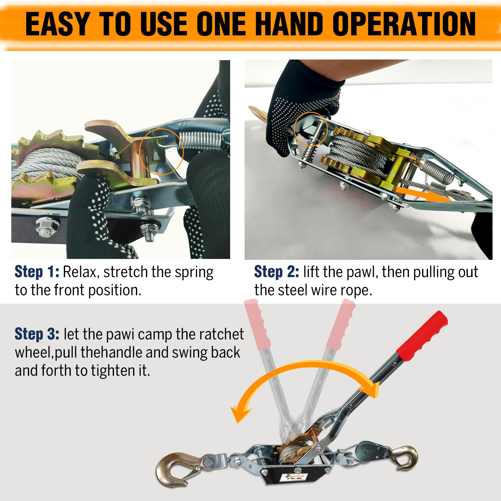 Come Along Winch 2T, cable de acero resistente de 2 ganchos, extractor de potencia de doble engranaje, cable viene junto con cable de acero de 7 pies, cable de cabrestante de mano, engranaje
