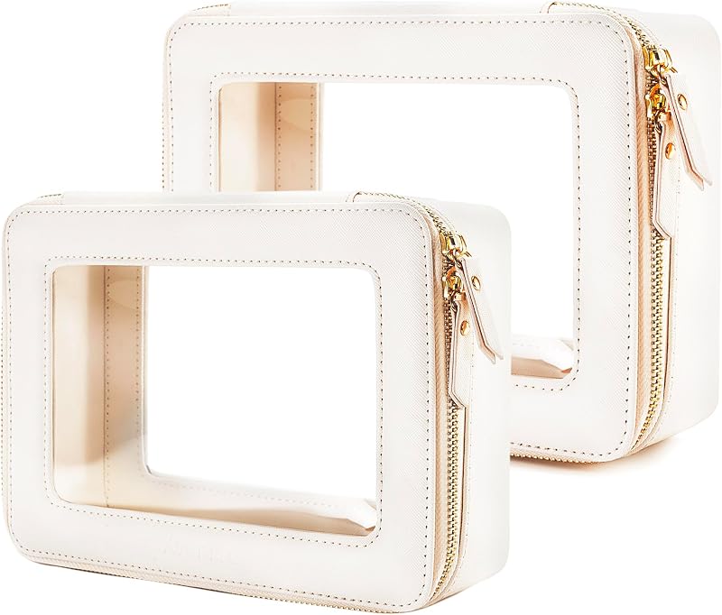 Aveniee Conjunto com 2 Necessaires Organizadoras de Maquiagem em Vinil, Tamanhos Médio e Grande, Off-White