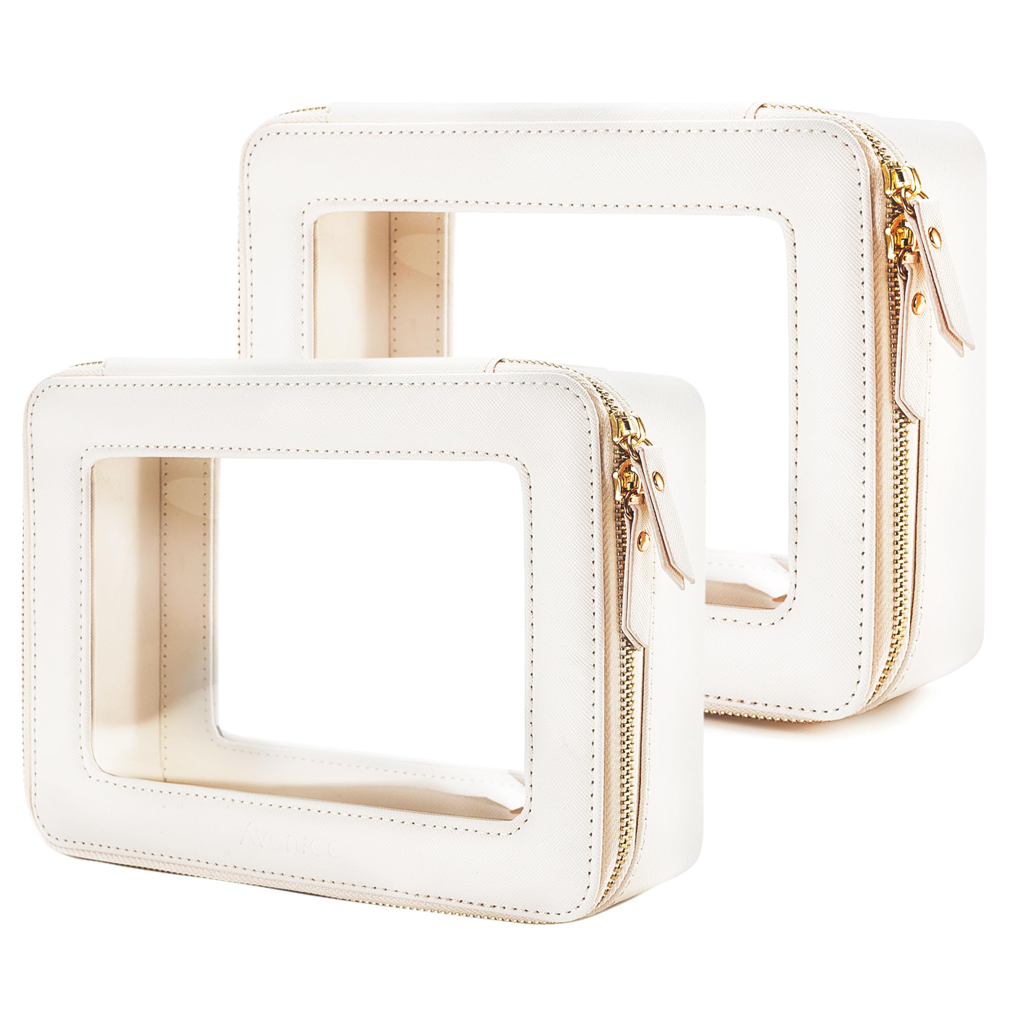 Aveniee Clear Makeup Bag Organizer Set,Portable Travel Toiletry Case for Women, Vegan Leather Cosmetic Pouch Car Bag for Essentials 2pcs,Middle &amp; Large,Beige