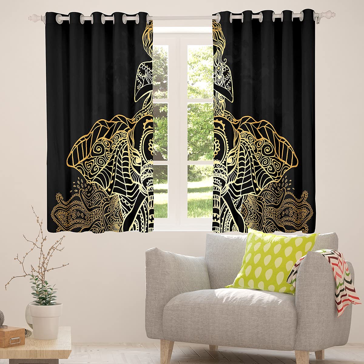 Boho słonie zasłony, złote zasłony okienne z mandalą dla chłopców dziewcząt nastolatków, indyjska dziewczyna nadruk zasłony okienne dekoracja domu, elegancki egzotyczny styl zaciemniające zasłony do salonu sypialni, 46 szer. x 72 l