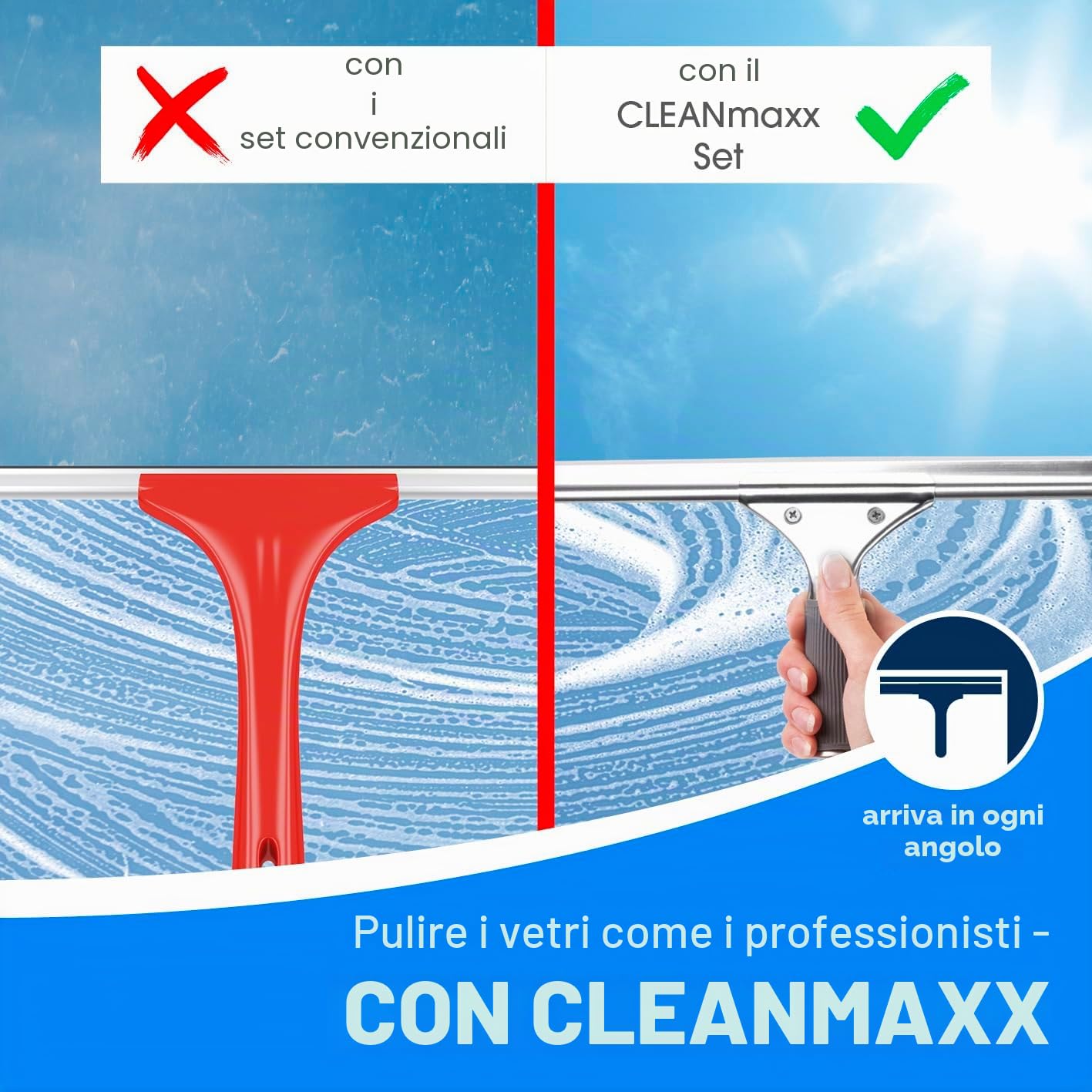 CLEANmaxx Detergente per vetri, set da 7 pezzi | Pulizia dei vetri senza aloni | Set completo con detergente, spatola per vetri, secchio, spatola, panno in microfibra | Ideale per casa, auto e doccia