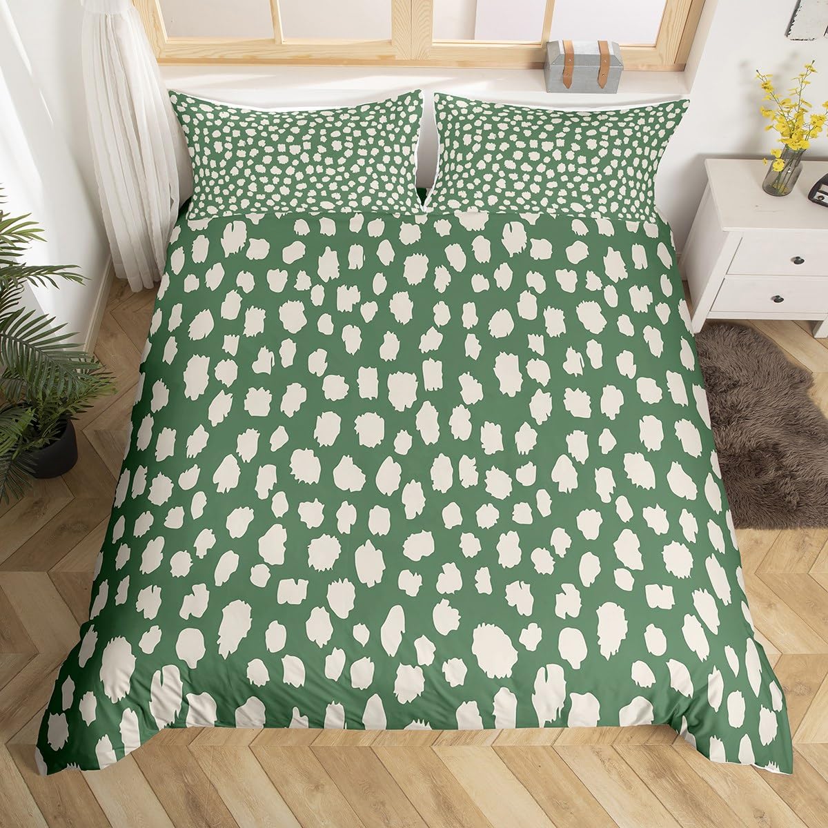 Polka Dot Duvet Cover Toddler Size Modern Art Geometric Comforter Cover for Kids Boho Bedding Set Women Men Teens Ultra Soft Green White Ivory Decor Zipper Closure All Season Breathable Lightweight
