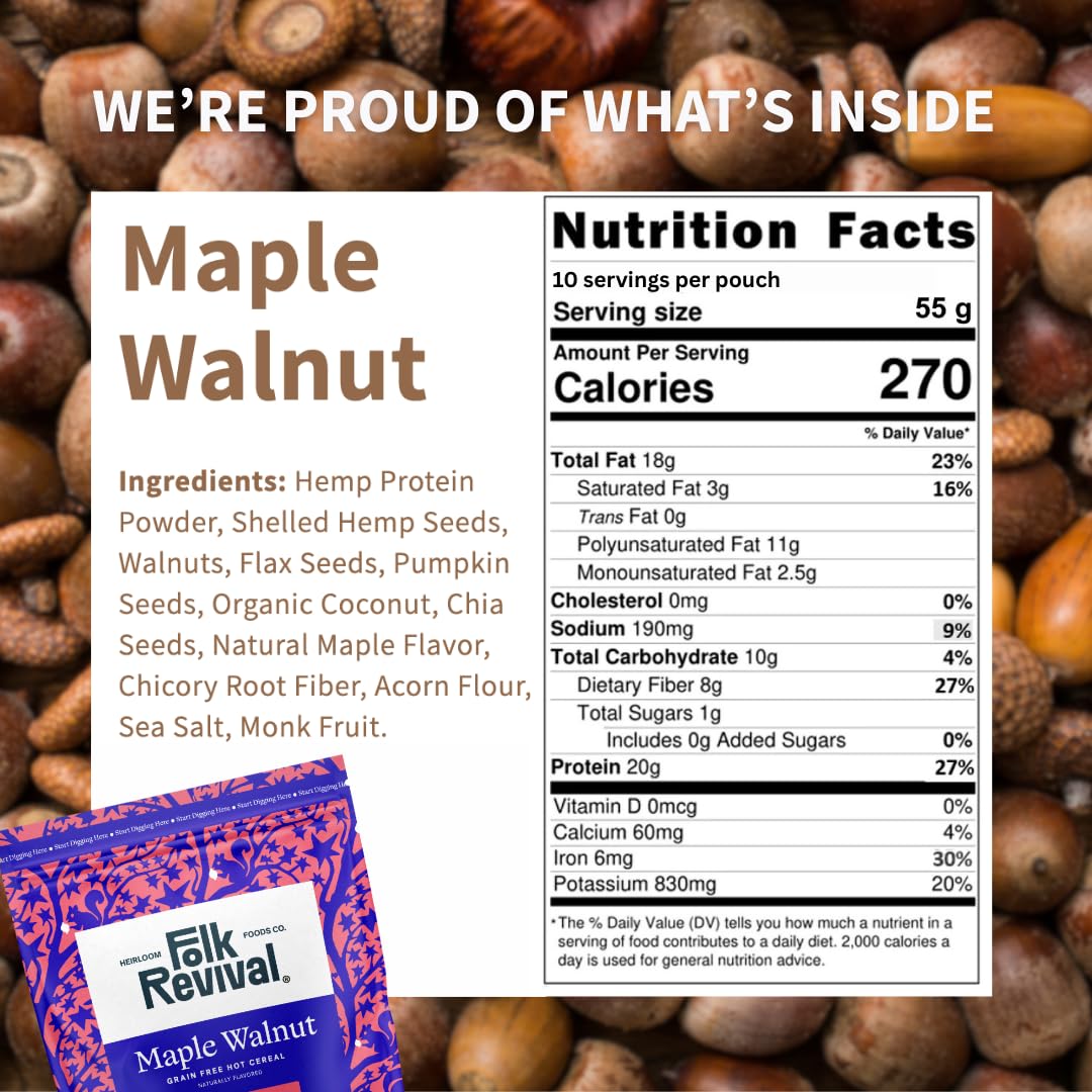Folk Revival Maple Walnut Keto Instant 'Oatmeal' - 20g Protein, 2g Net Carbs, High Fiber, Non GMO, Gluten Free, Made with Acorns - 19.4 Oz (550g) - 10 Servings Per Pouch