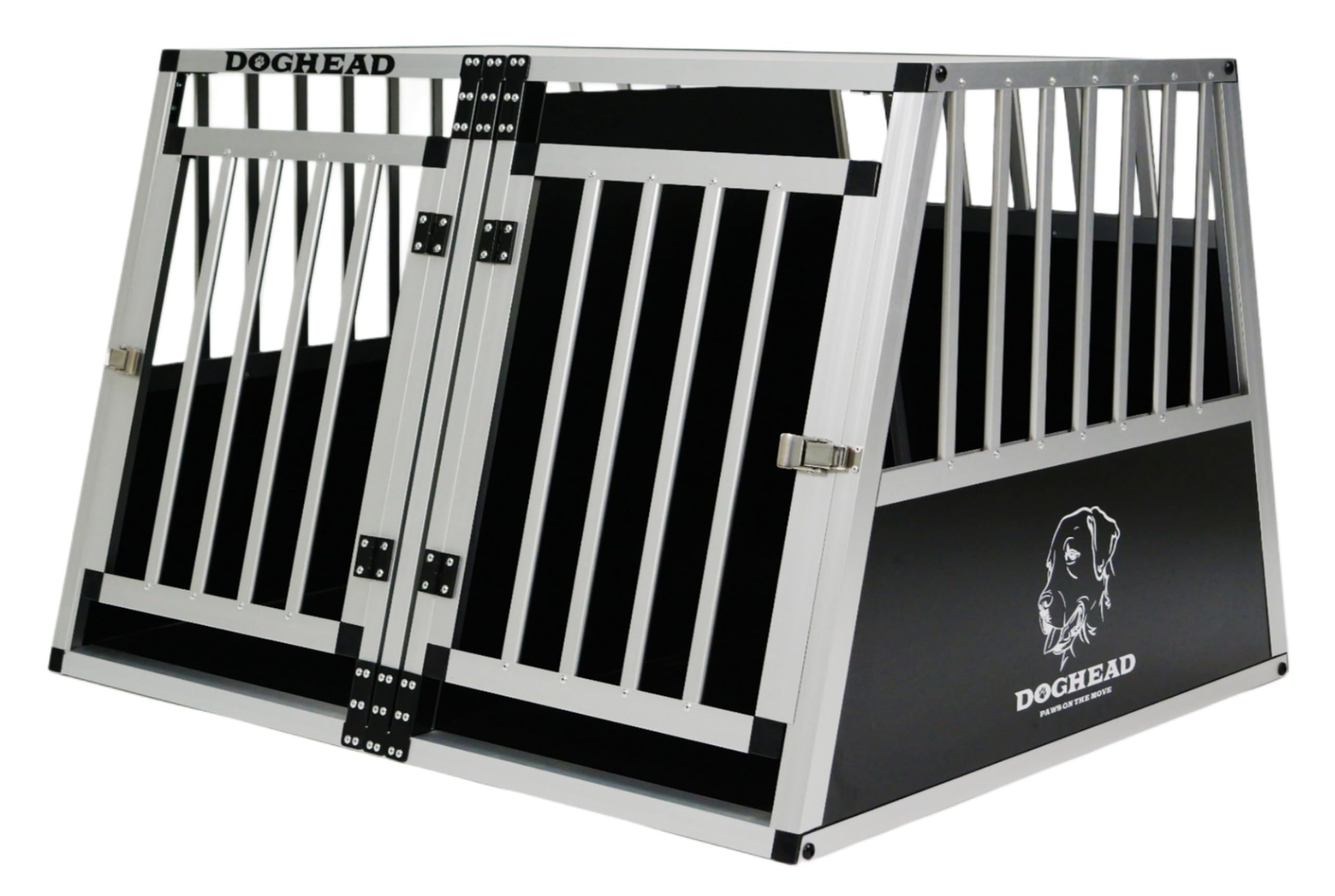DOGHEAD Hundetransportbox Ecoline, Double 95x85x63 cm DG, Schwarz, Aluminium, Beidseitig Abgeschrägt 75°, 2 Trennwände, Nicht für Kombis geeignet