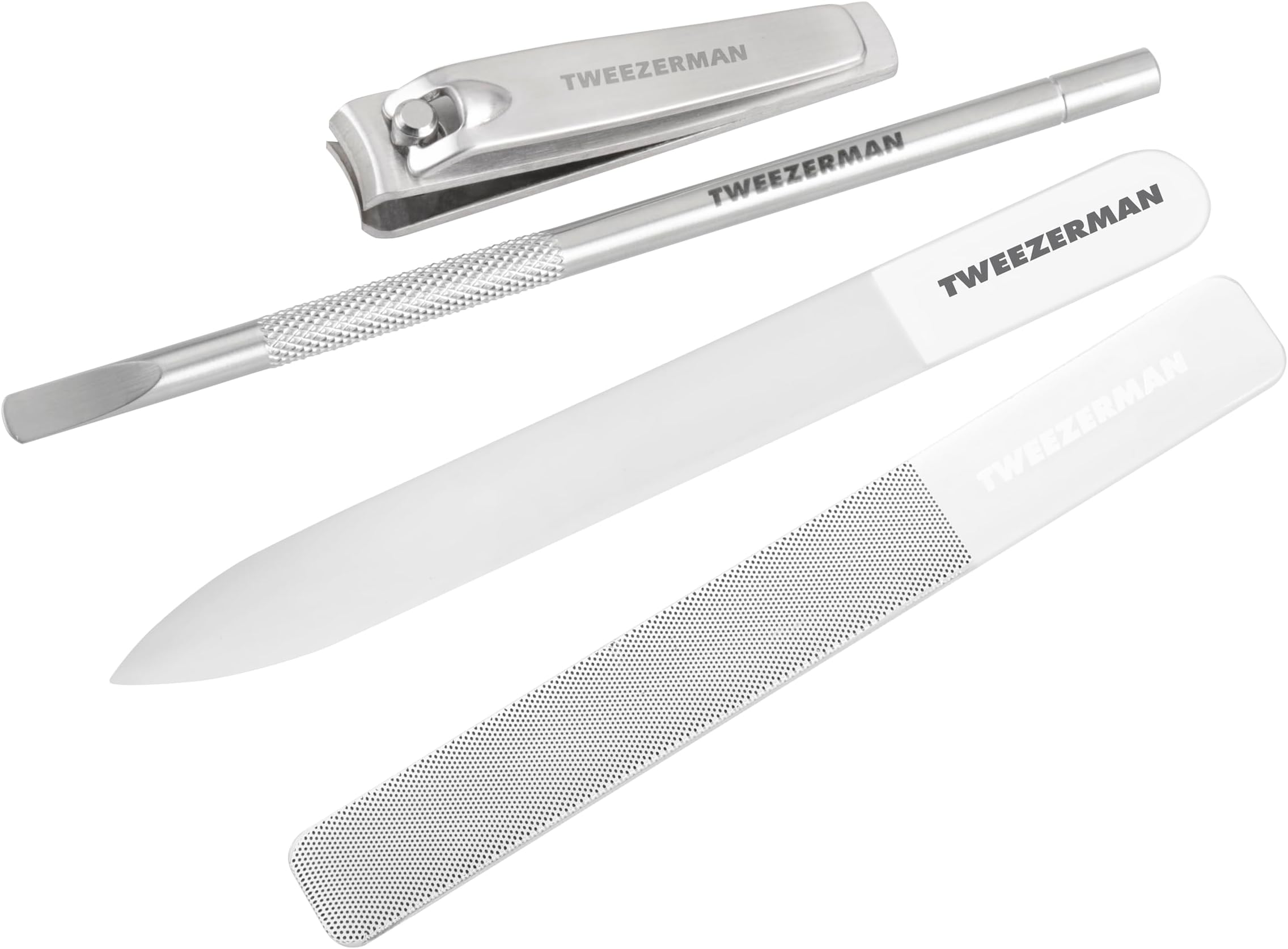 Tweezerman Glass Manicure Set Includes Nail Clipper, Cuticle Pusher, Glass Nail File, and Nail Buffer