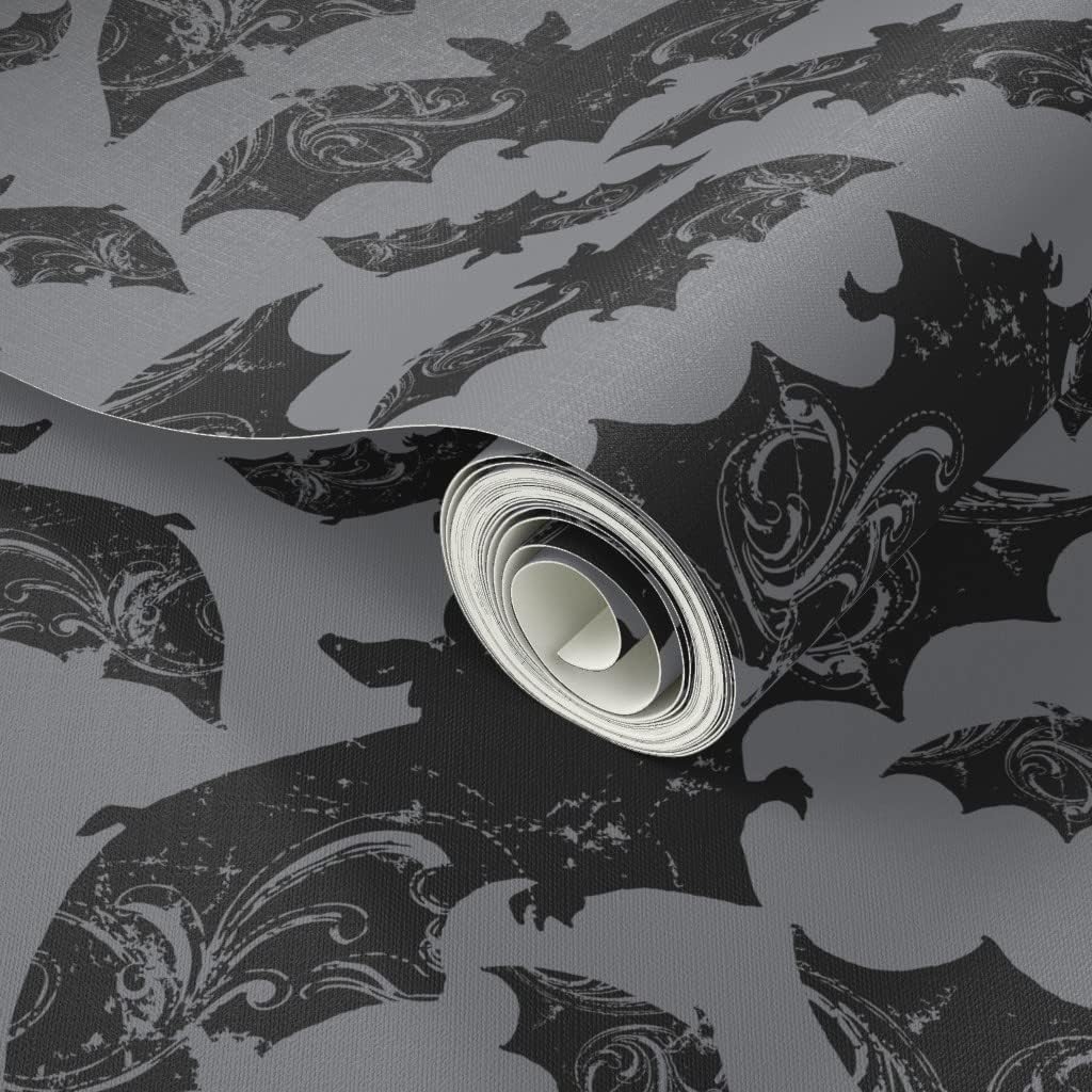 Spoonflower Peel & Stick Wallpaper Swatch - Night Flight Gothic Halloween Bats Grey Bat Animal Spooky Dark Cave Emo Creatures Wildlife Custom Removable Wallpaper