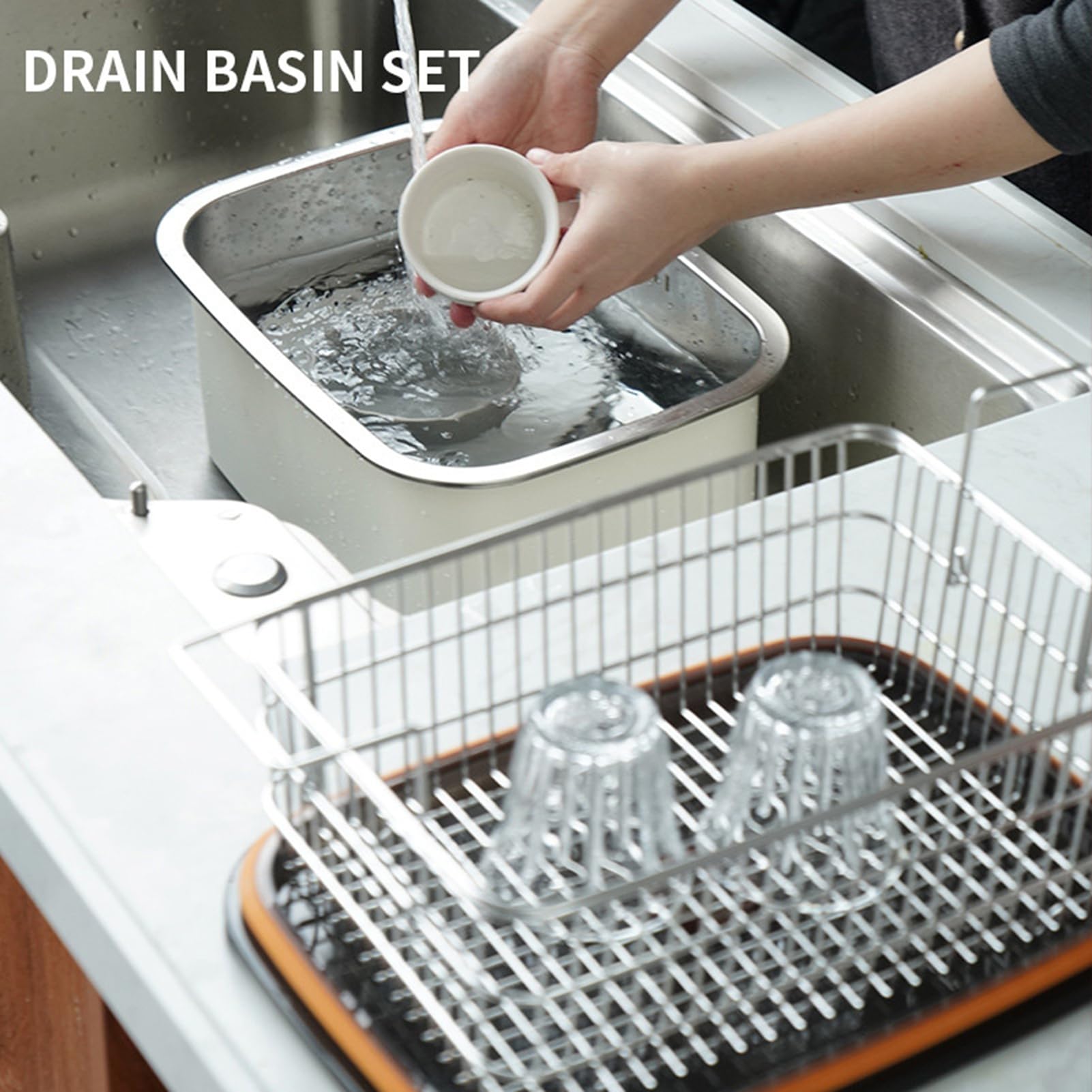 Yosoo Health Gear Spülschüssel aus Edelstahl 304, 7,5 L Spülbecken mit Abflusskorb, Spülbecken, Zum Gemüsewaschen in der Küche, Camping