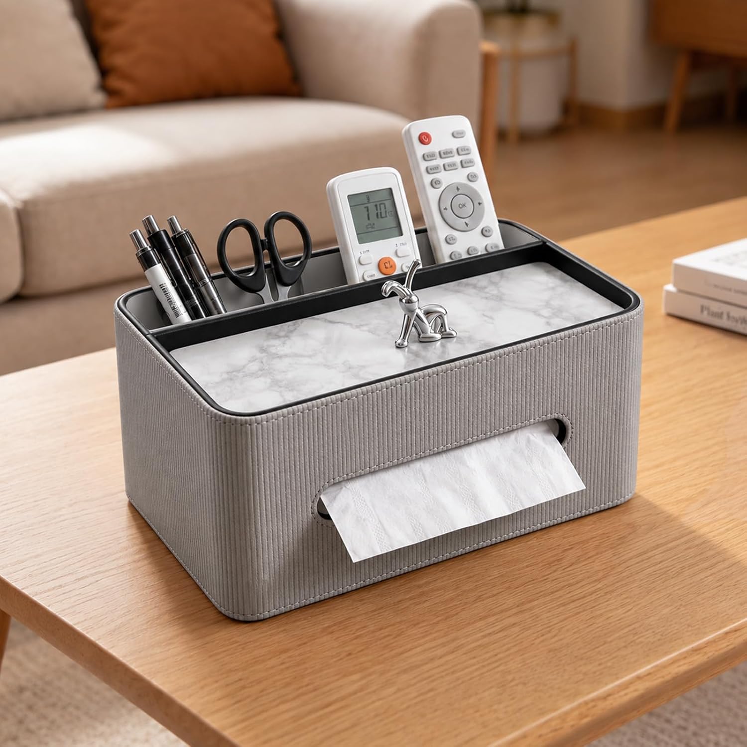 PU Leather Rectangle Tissue Box Cover with Storage Organizer, Gray image 3