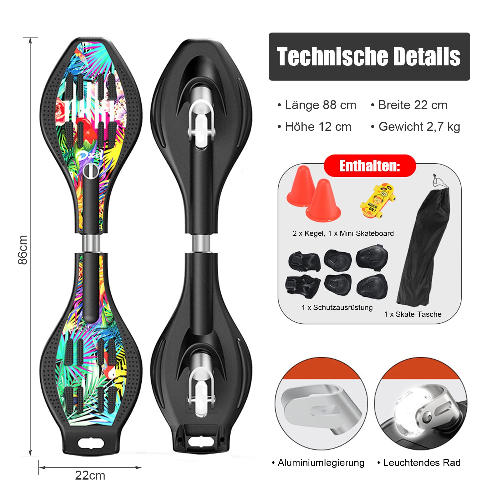 Profi Waveboard Kinder ab 10 Jahre, Street Surfing Waveboards Erwachsene, Snakeboard mit Anti-Rutsch Noppen, Skateboard für Mädchen und Junge, Bis 100kg, inkl. Tasche