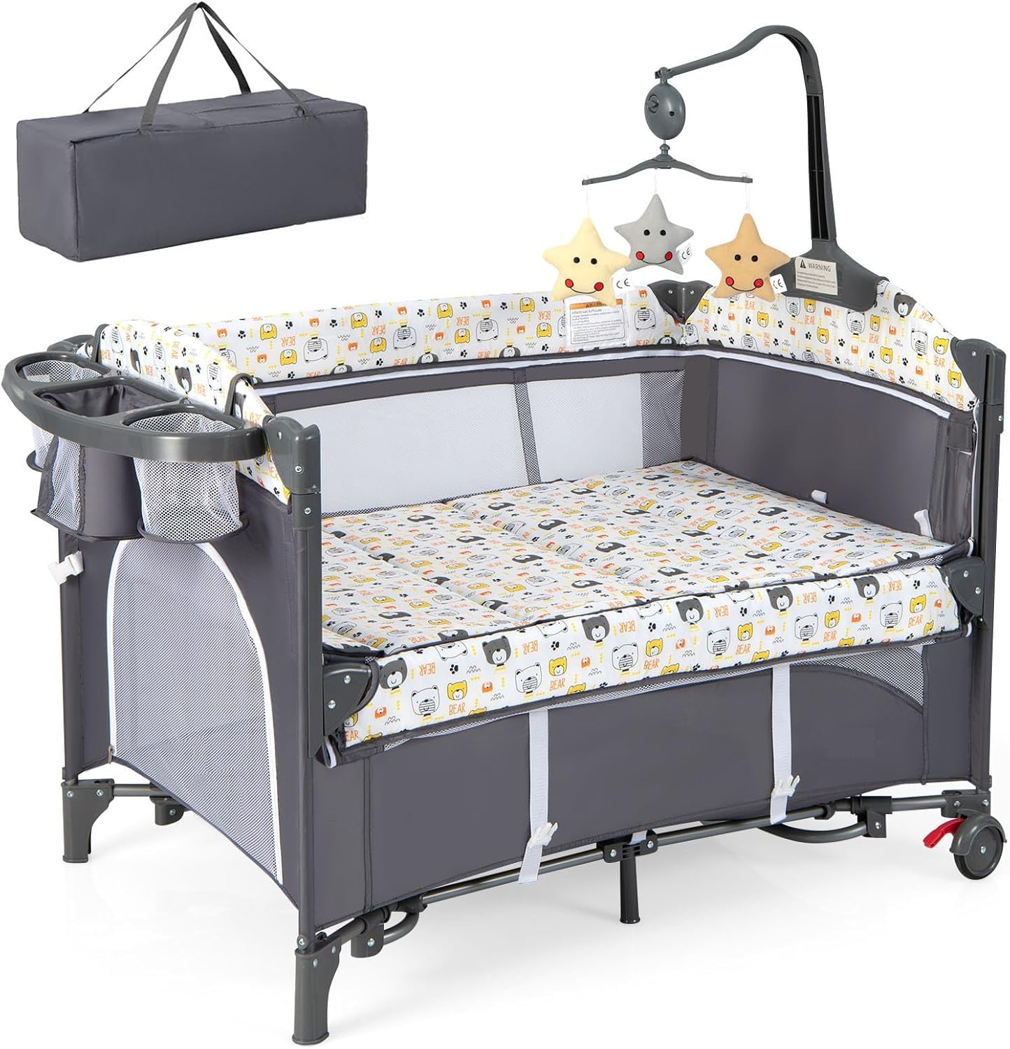 RELAX4LIFE 5 en 1 Cuna Bebé con 5 Alturas Ajustables, Cambiador, Colchón, Caja Música, Juguetes Colgantes y Bolsa de Transporte, Cuna de Viaje con 2 Ruedas Bloqueables para Bebés 0-3 Años (Gris Claro)