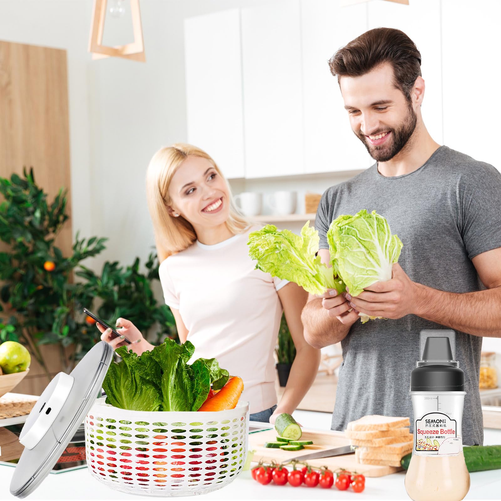 Salatschleuder 6L Automatischer Salatzubereitungsset Salattrockner, Salattrockner Salatmanager mit Deckel, Groß Salat trockner, Dry Salatschleuder für Waschen Trocknen von Obst Gemüse