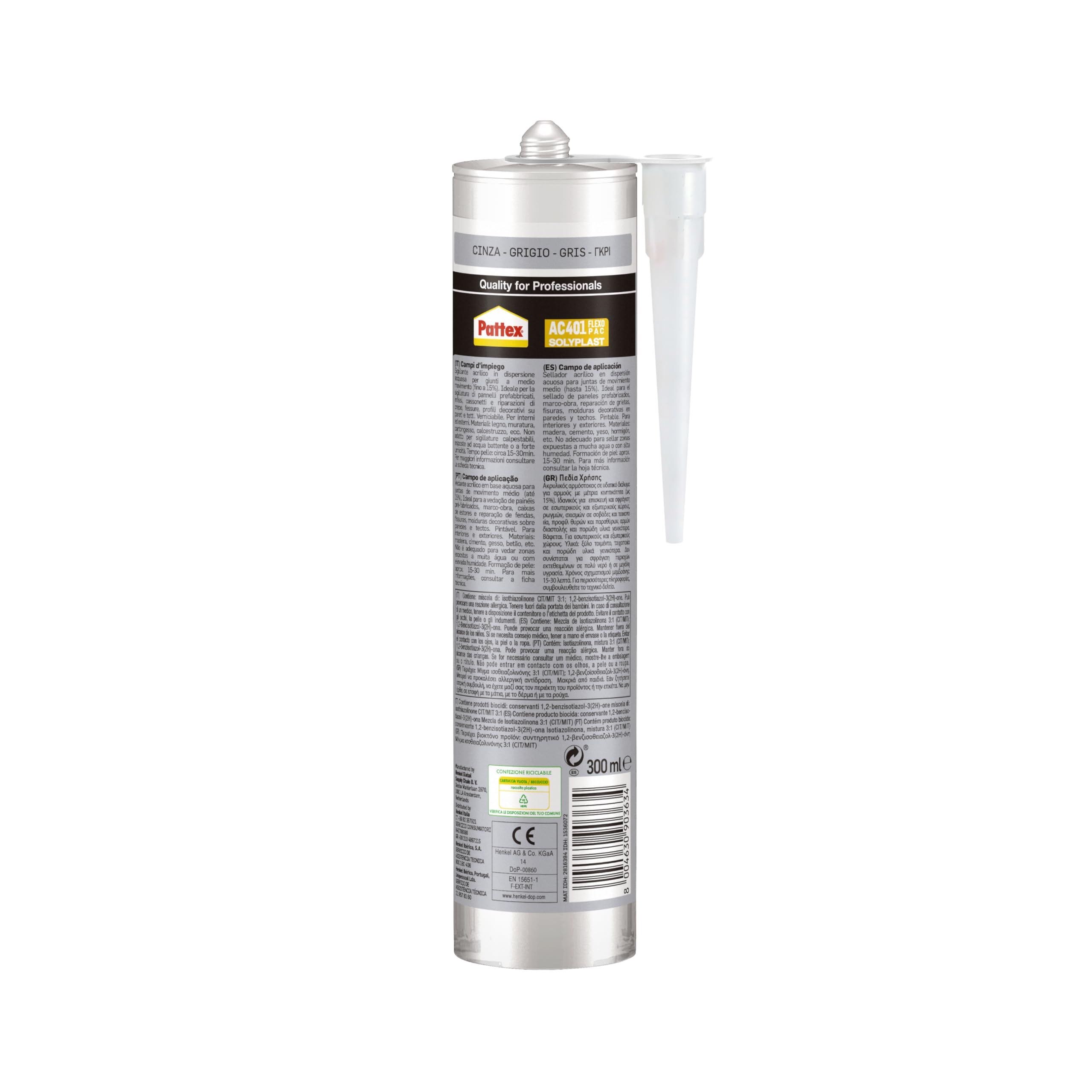 Pattex Sigillante Silicone Acrilico AC 401 Flexo Pac, per Giunti e Crepe, Davanzali, Porte, Battiscopa, Indore, Sigillature per Interni ed Esterni, Sigillante Grigio, Cartuccia da 300ml