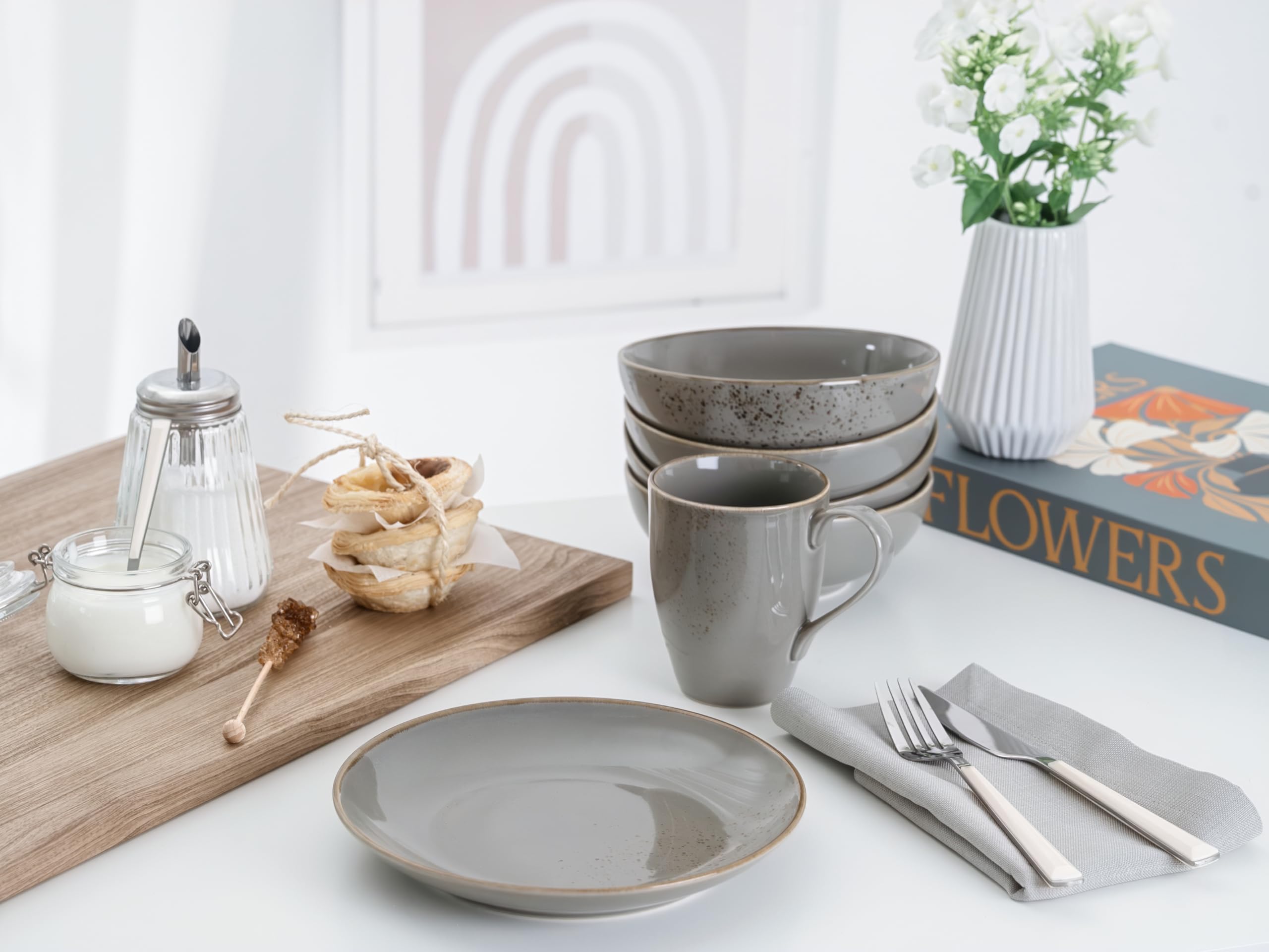 CreaTable, 24970, seria Nature Collection Stone, 12-częściowy zestaw naczyń dla 4 osób, serwis do kawy z kamionki, nadaje się do mycia w zmywarce i używania w kuchence mikrofalowej, wyprodukowano w