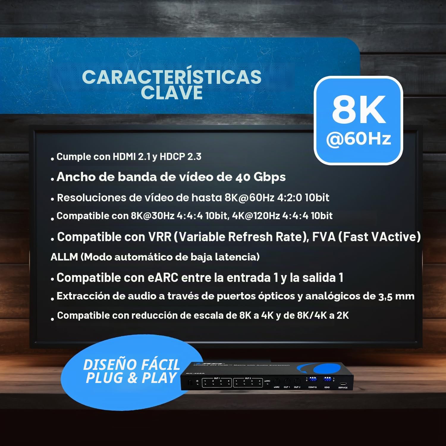 OREI 8K eARC - Interruptor Matriz HDMI 4 x 2, conmutador con Extractor de Audio UltraHD soporta hasta 4K @ 120Hz IR EDID HDCP 2.3 - Control Remoto (BK-402A) | Interruptor de matriz 4x2, matriz de video 4 x 2 - HDMI 2.1, 40Gbps, VRR, ALLM, FVA, HDCP 2.3, 4