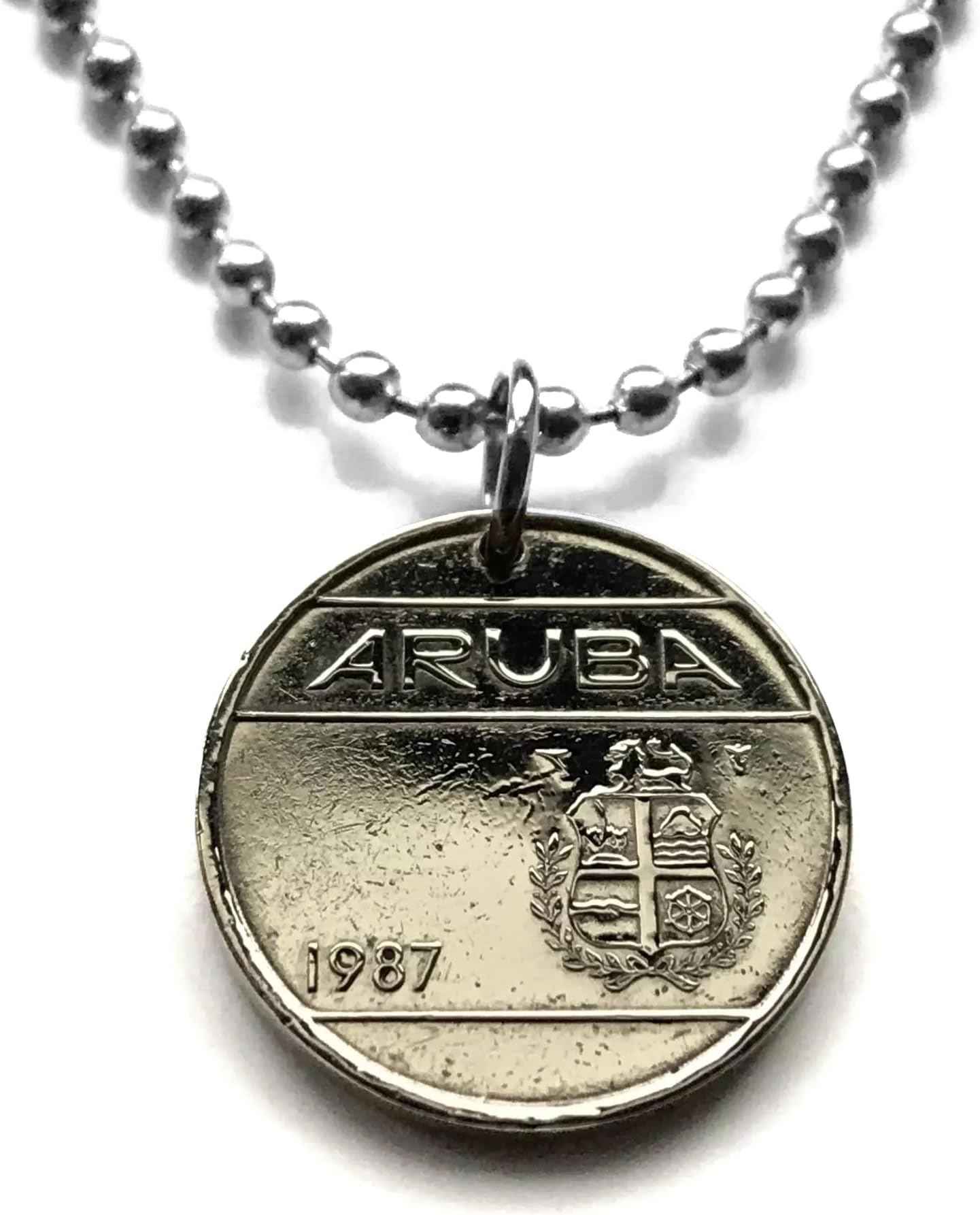coinedjewelry1987 Aruba 25 Cents coin pendant Netherlands Antilles Oranjestad San Nicolaas Dutch Caribbean ABC island Papiamento white sandy beaches Baby Eagle Palm Flamingo Manchebo Axrashi Malmok beach n002163