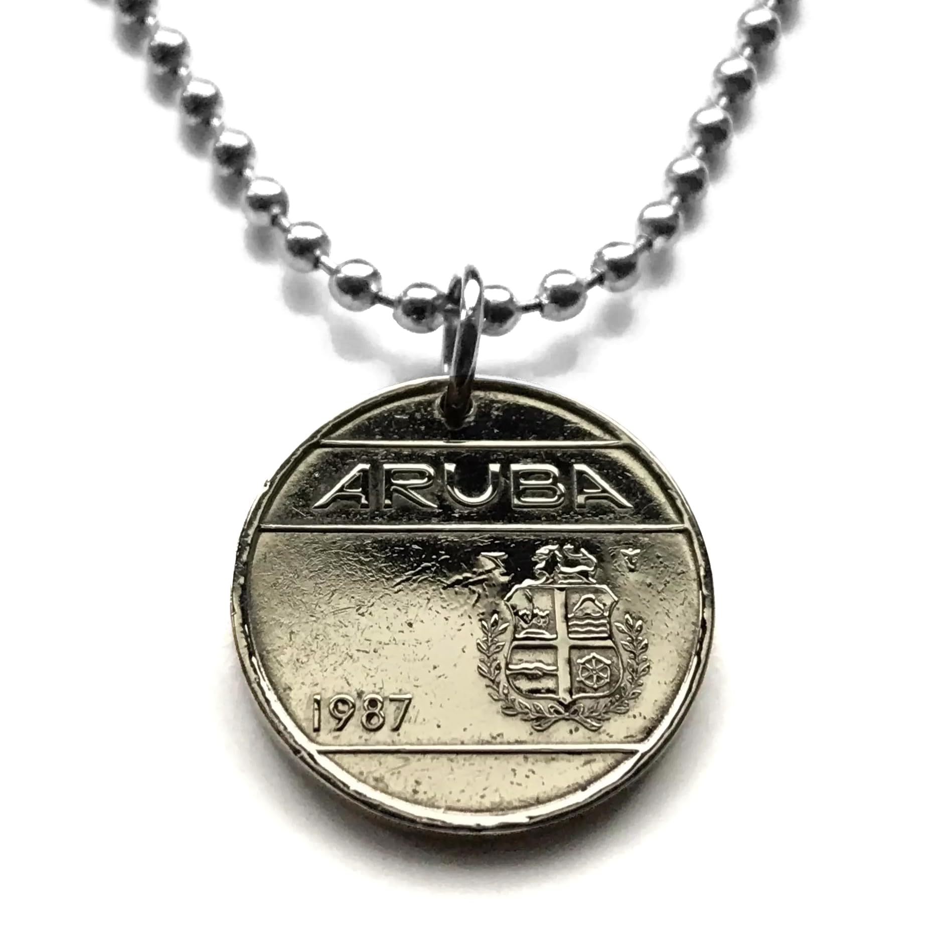 coinedjewelry1987 Aruba 25 Cents coin pendant Netherlands Antilles Oranjestad San Nicolaas Dutch Caribbean ABC island Papiamento white sandy beaches Baby Eagle Palm Flamingo Manchebo Axrashi Malmok beach n002163