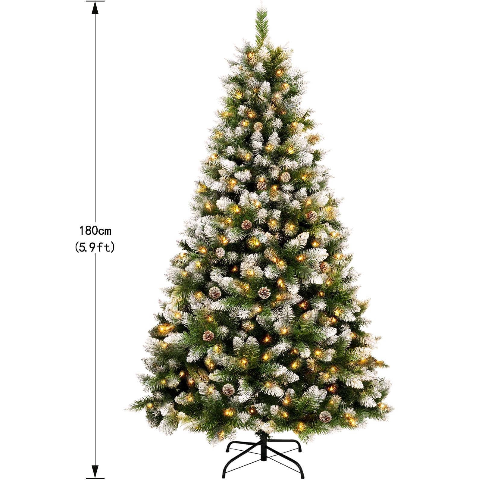KOIUEYW 180 cm Árbol de Navidad Artificial con Nieve y 300 LED, Árbol de Navidad Nevado con Luz Cálida Incluye Soporte de Meta, Sistema de Montaje Rápido Decoración para Navidad, Verde con Nieve