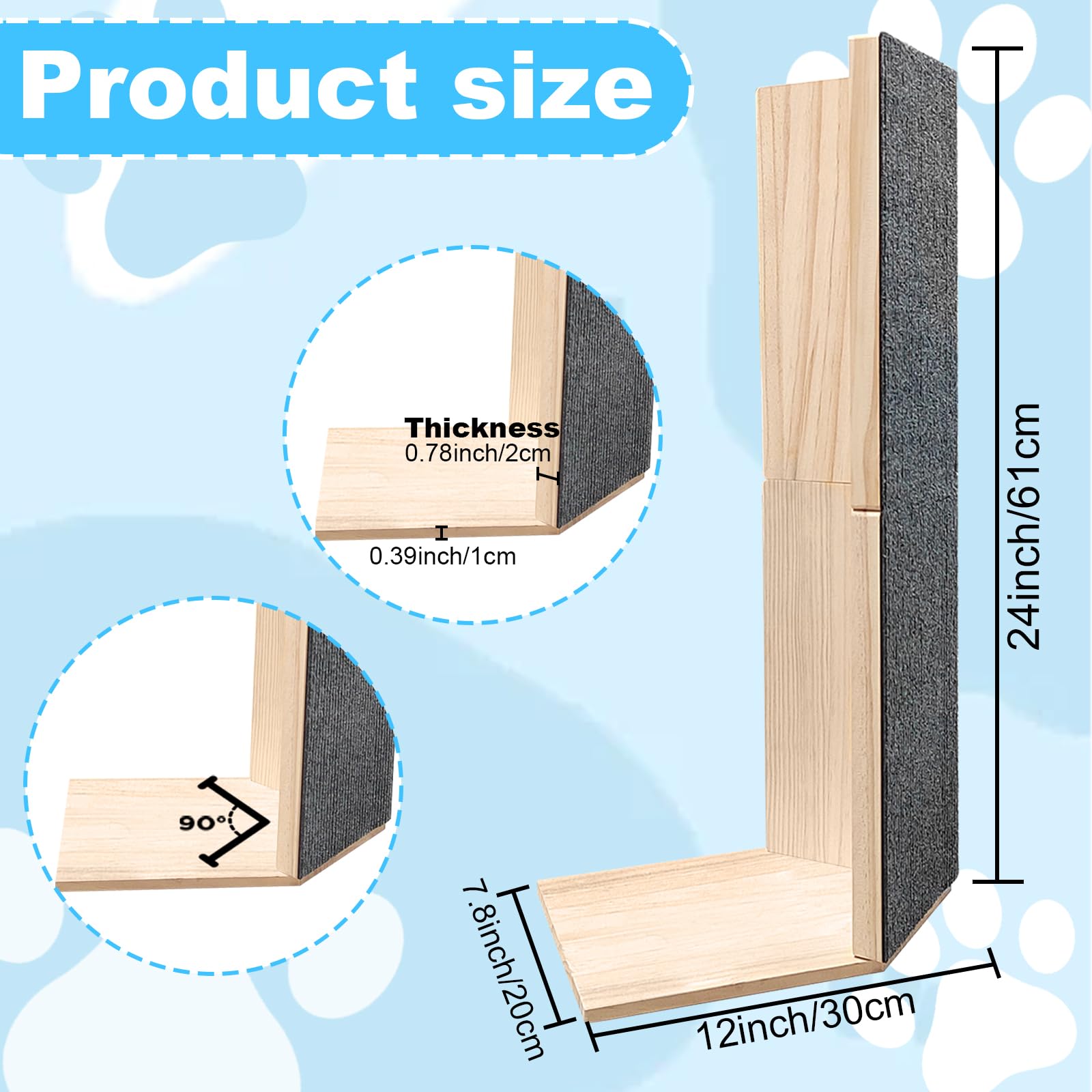 24" Tall Couch Corner Scratching Post with 3Pcs Replaceable Self-Adhesive Cat Scratching Post Carpet, Cat Scratch Pad Mat- Stylish Indoor Cat Scratcher Board Furniture Protector 1