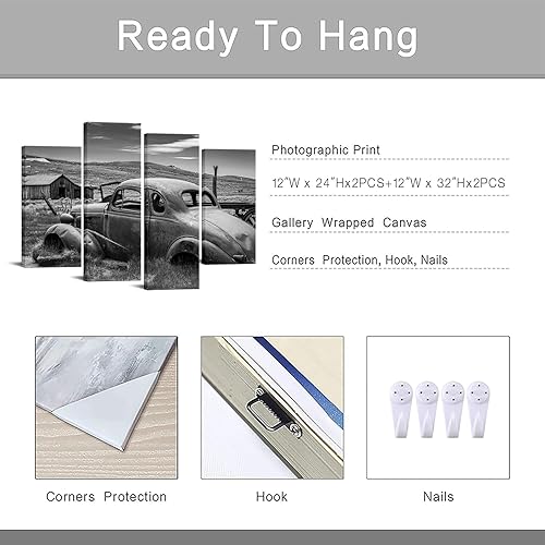 Miniatura 4 de Canvbay Lienzo de 4 paneles en blanco y negro con diseño de camión viejo, para pared, pintura oxidada abandonada, pintura automotriz, arte vintage