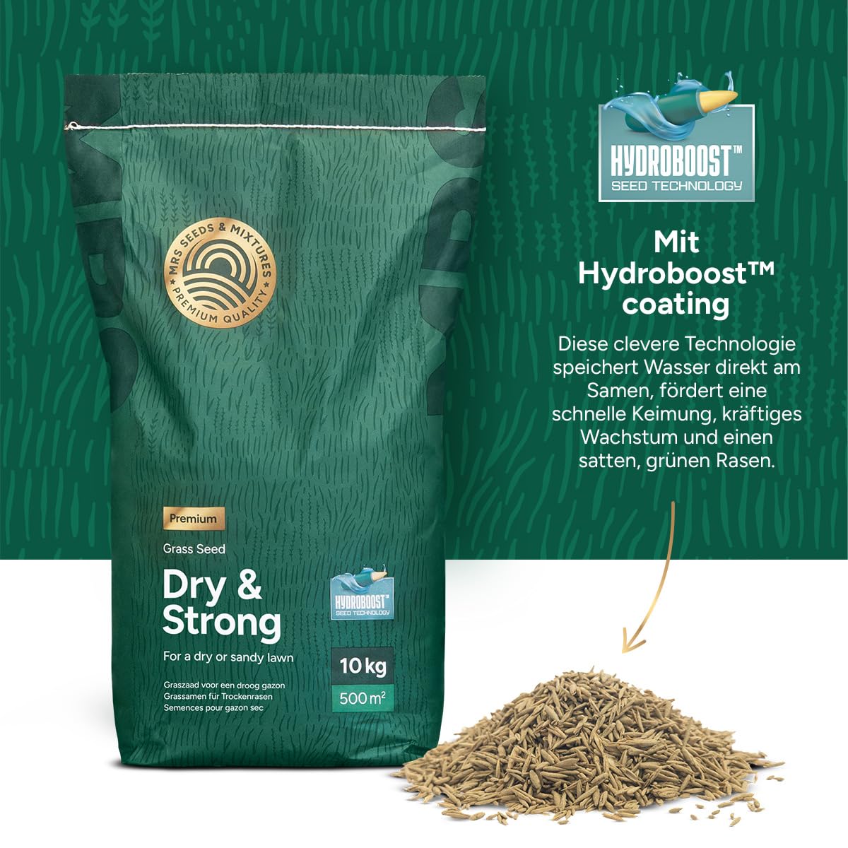 Dry & Strong: Trockenheitsresistenter Rasen – 10 Kilo für 500 m² – Hochwertiger Rasen für trockene Böden – Spart Wasser und Kosten – Mit Hydroboost™-Beschichtung
