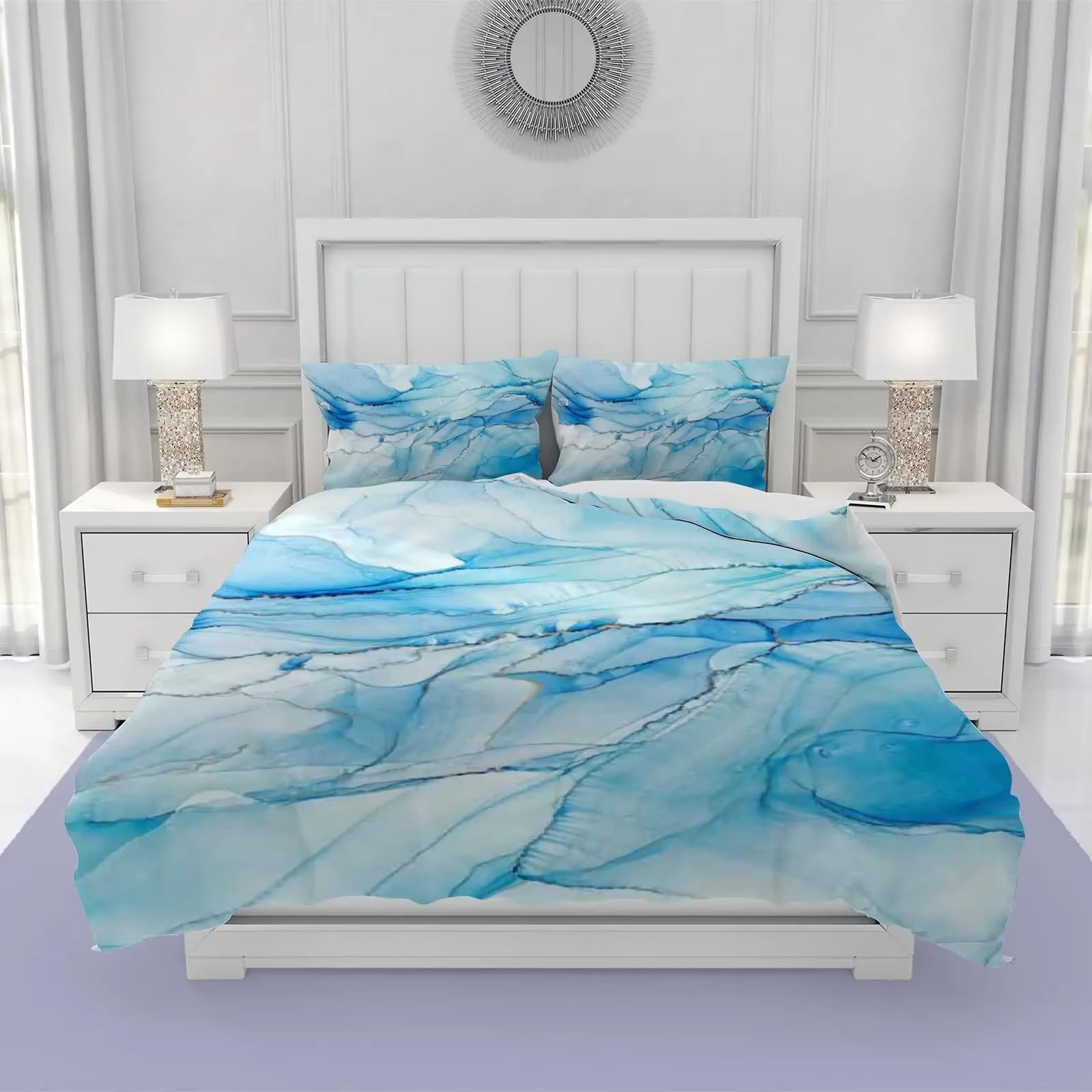 Parure de lit 240x220 marbre bleu pour chambre adulte et enfant