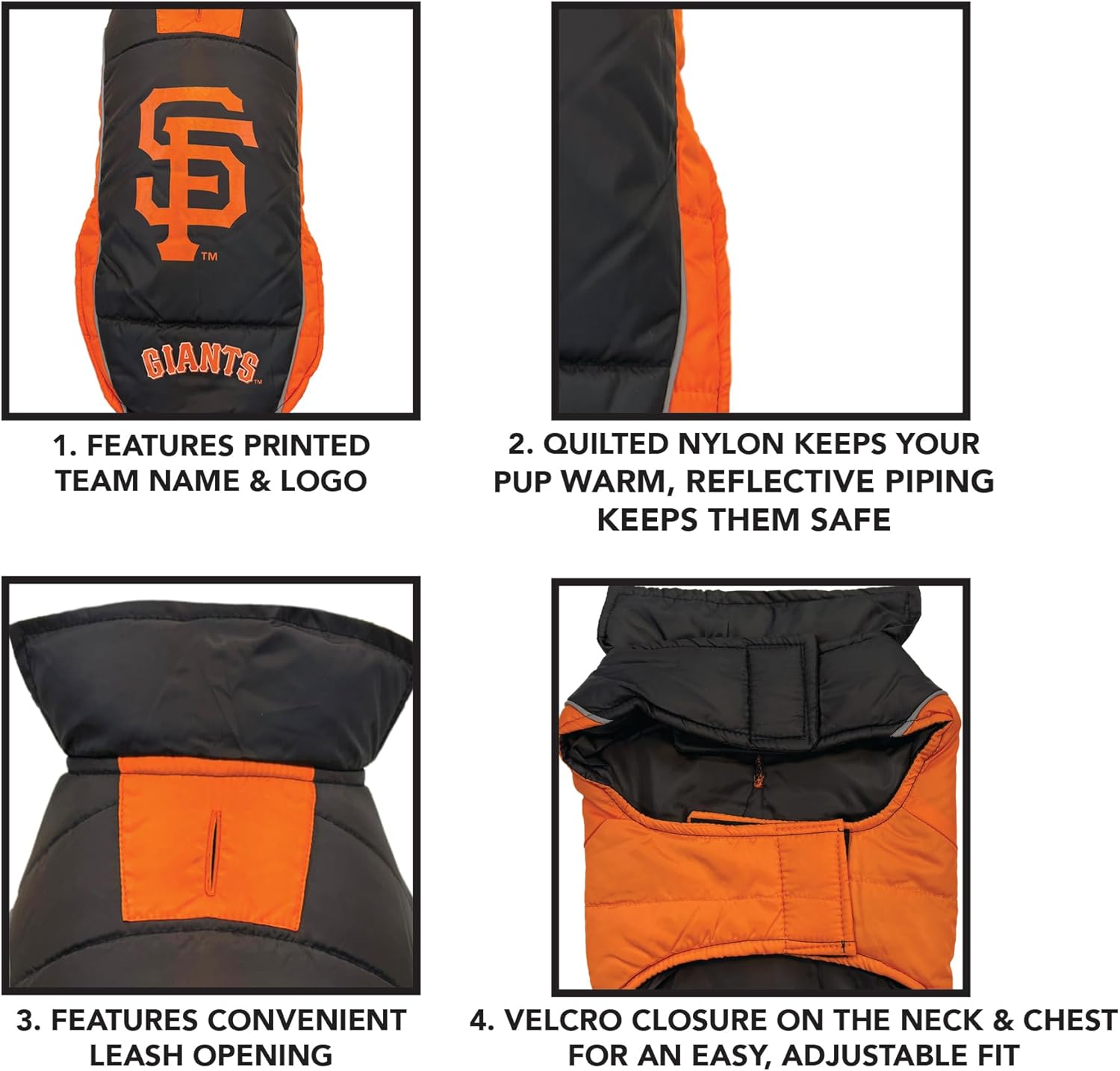 MLB San Francisco Giants Puffer Vest for Dogs & Cats, Size Large. Warm, Cozy, and Waterproof Dog Coat, for Small and Large Dogs/Cats. Best MLB Licensed PET Warming Sports Jacket