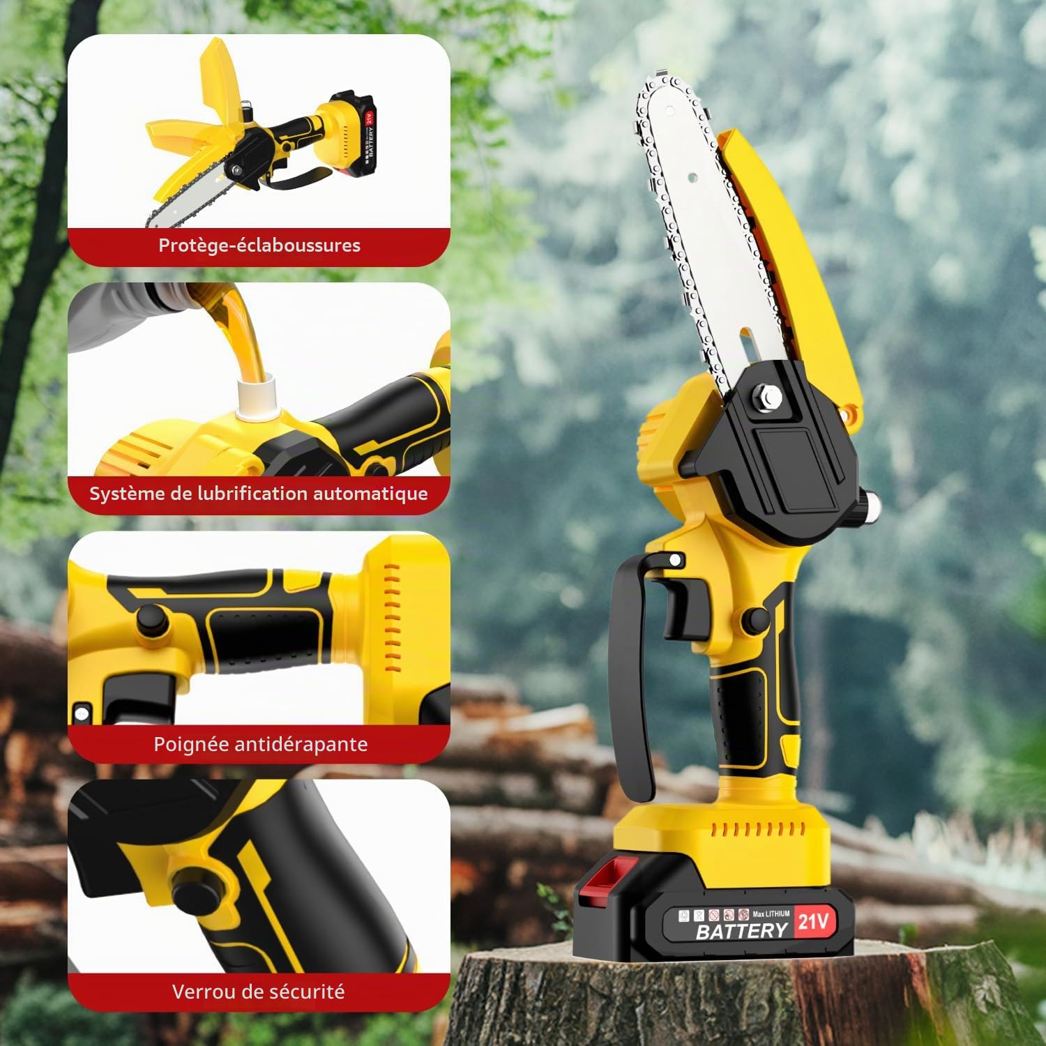 Tronçonneuse sur Batterie 4000mah 6 Pouces Mini Tronconneuse sans Fil avec 2 Chaines Système D'Huile Automatique 600W Moteur Brushless Coupe Branche Electrique Elagueuse Compatible avec Makita