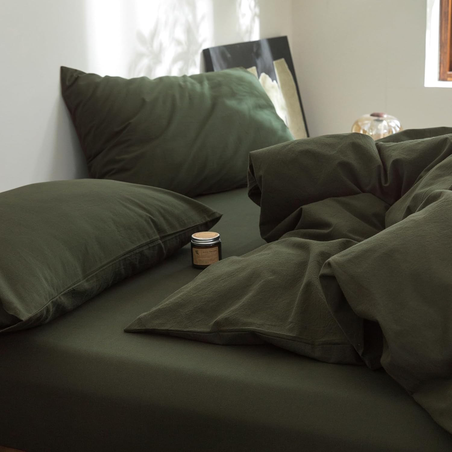 FOSSA Duvet Cover Set 100% Washed Cotton Linen Feel Super Soft Breathable Cozy 3 Pieces Bedding Sets Solid Olive Green Full/Double - Image 8