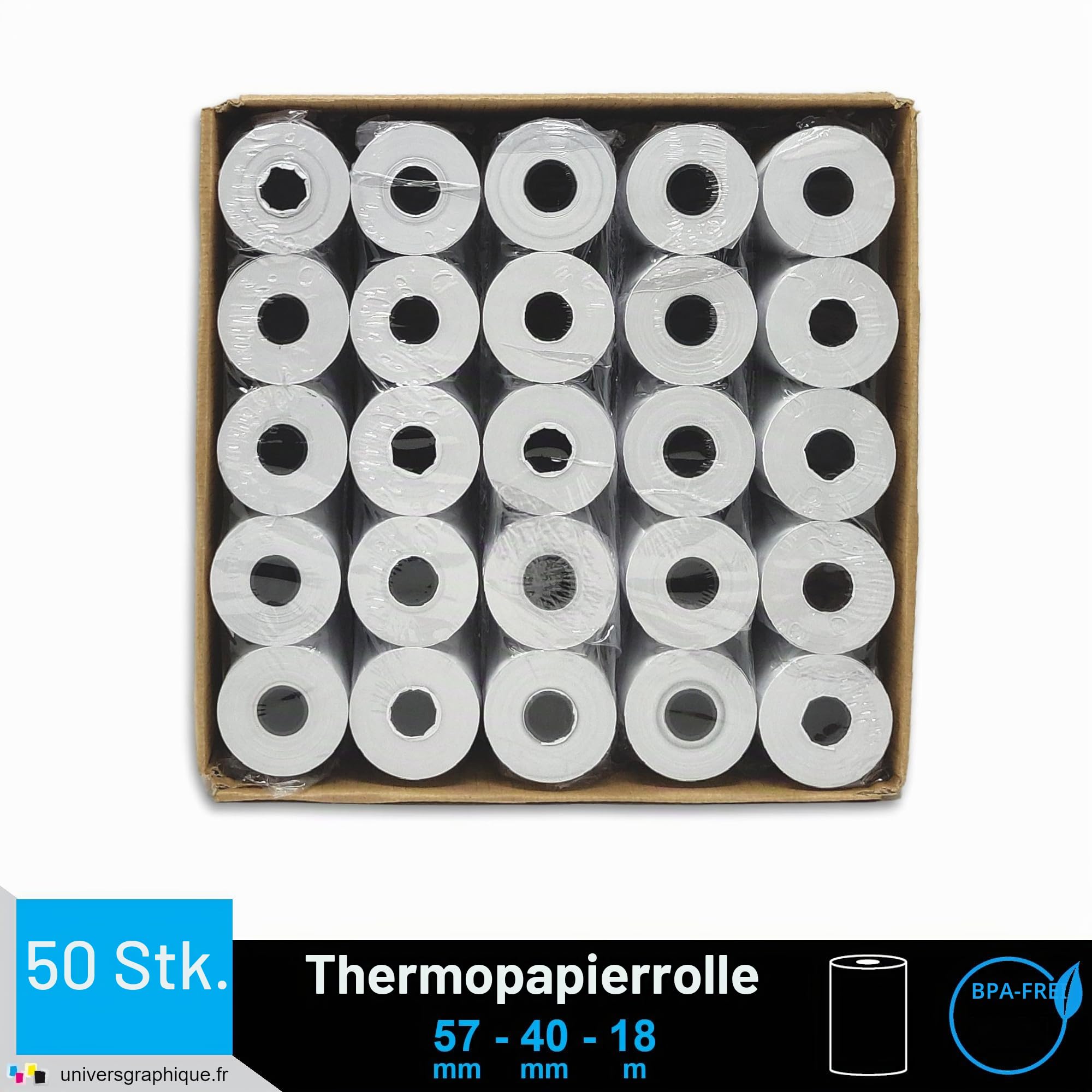 50 EC-Cash Thermorollen 57 x 40 x 12 für EC-Geräte mit Thermodrucker, Thermopapier EC-Cash Bonrolle, Bisphenol-A frei Ø40 mm