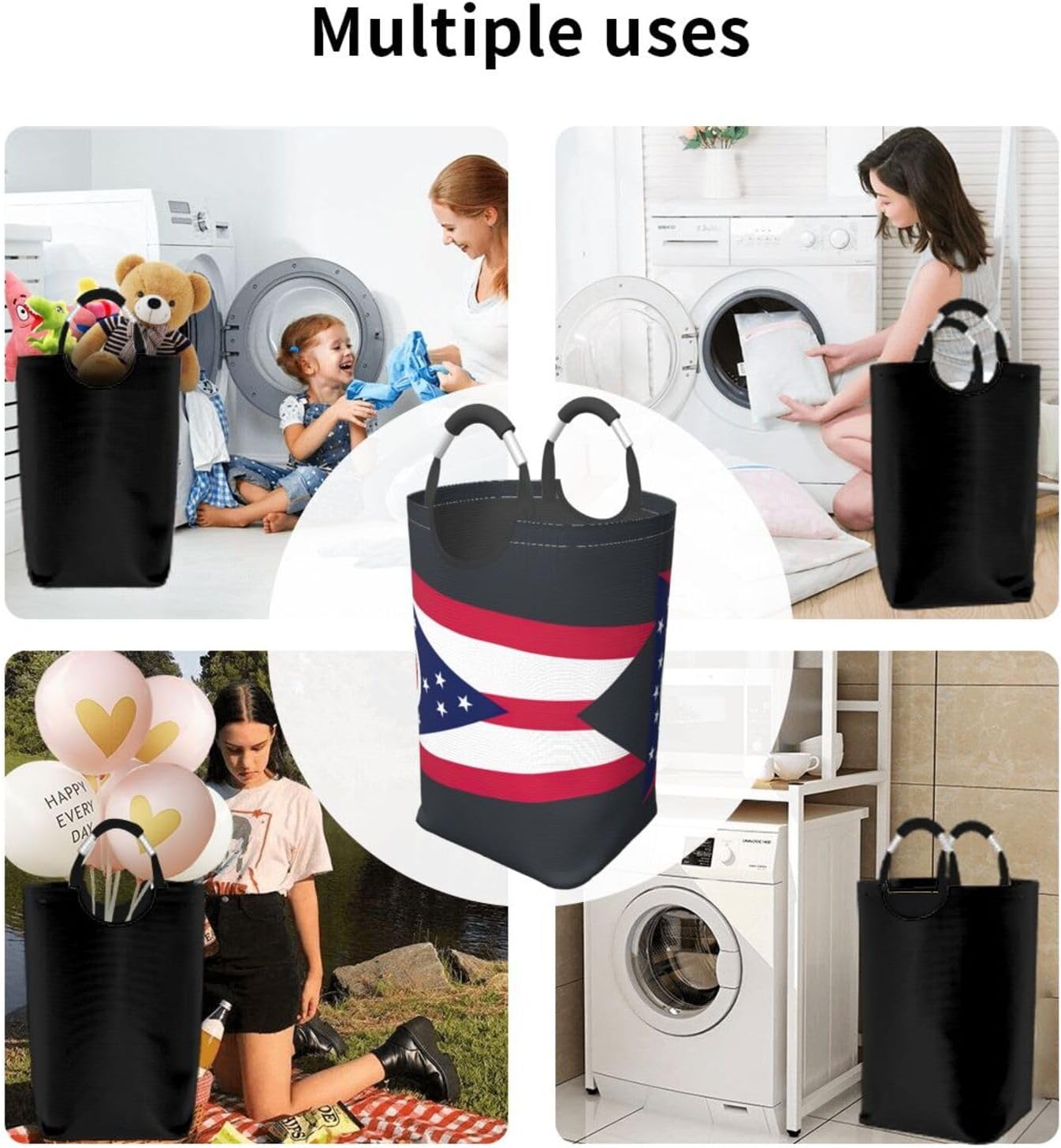Ohio State Flag Print Laundry Hamper With Handle, Large Laundry Bags Collapsible Dirty Clothes Basket For Bathroom