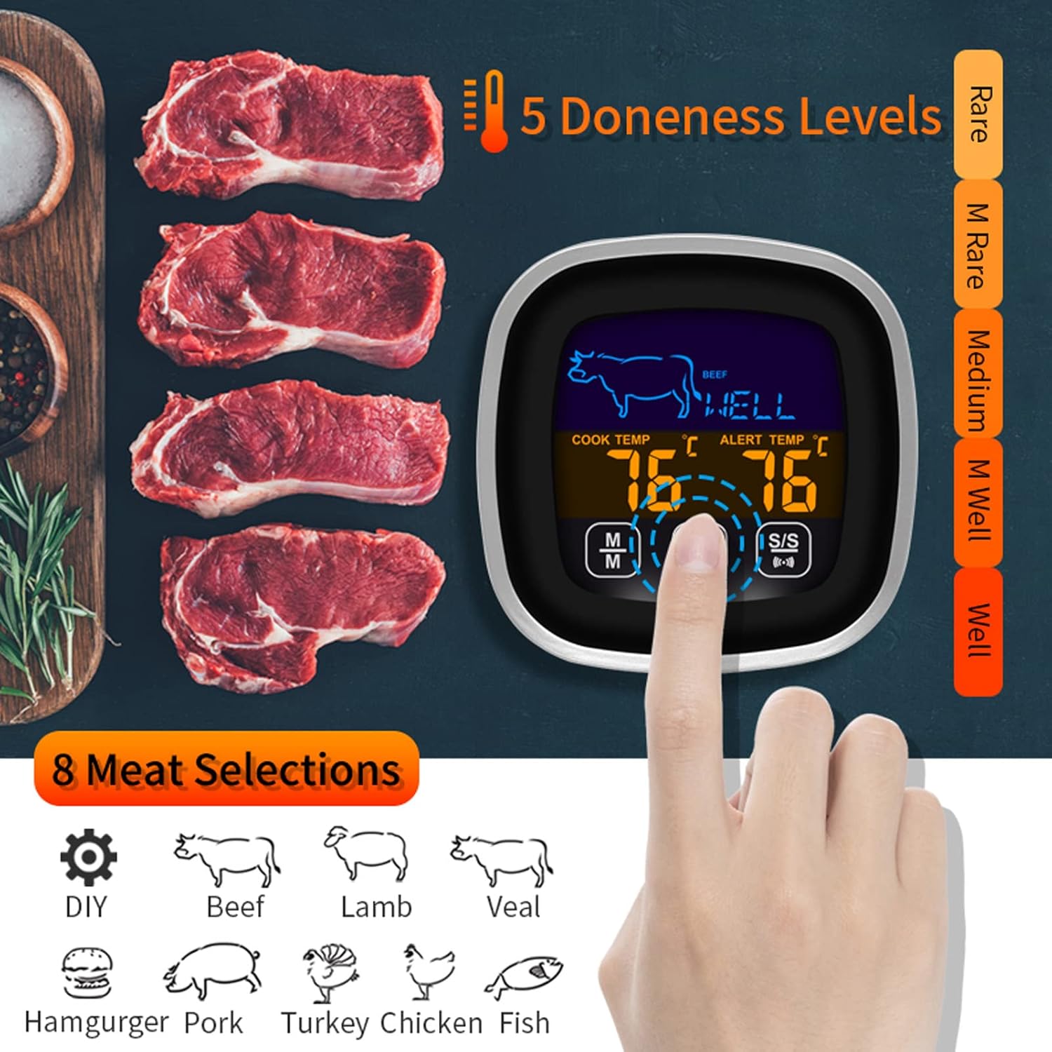 review 2022 New Digital Touchscreen Food Thermometer for Meat Poultry Fish Cooking in Frying Pan Smoker Oven BBQ Grill with Sensitive Color LCD Display All Temperature and Timer Modes Best Taste Results