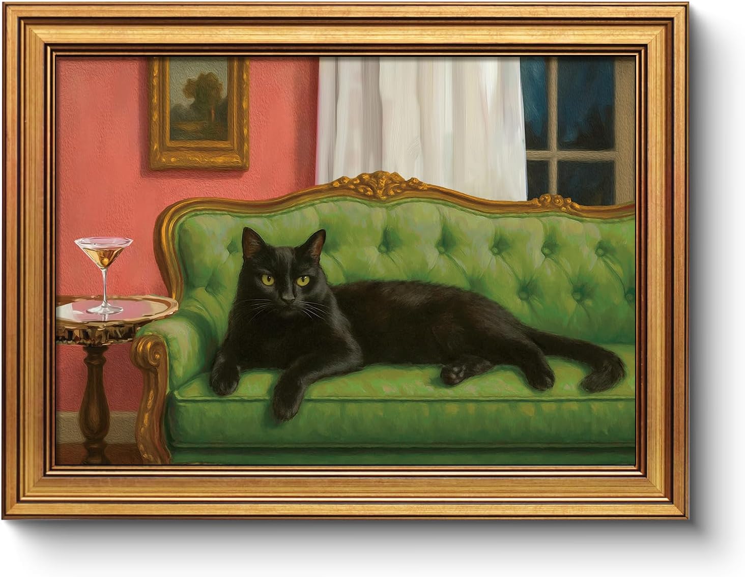 Vintage Gold Frame Black Cat in Garden 12x16 Wall Art, Botanical Wildflowers Floral Oil Painting Framed Canvas Print, Flowers Halloween Dark Gothic Bedroom Cottagecore Bathroom Decor