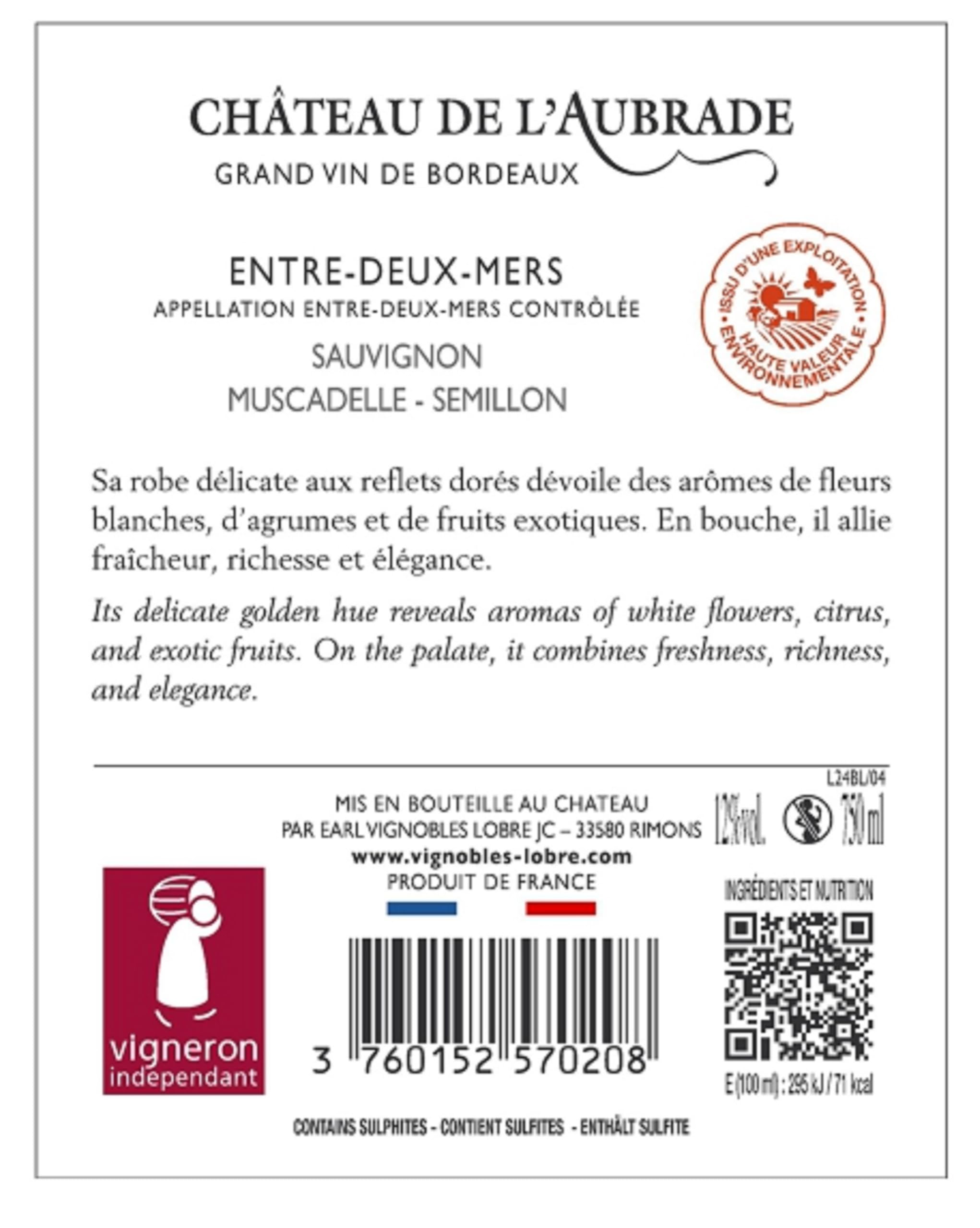 Château de l'Aubrade - AOP Entre-Deux-Mers - Vin Blanc - Lot de 6 bouteilles x 75cl