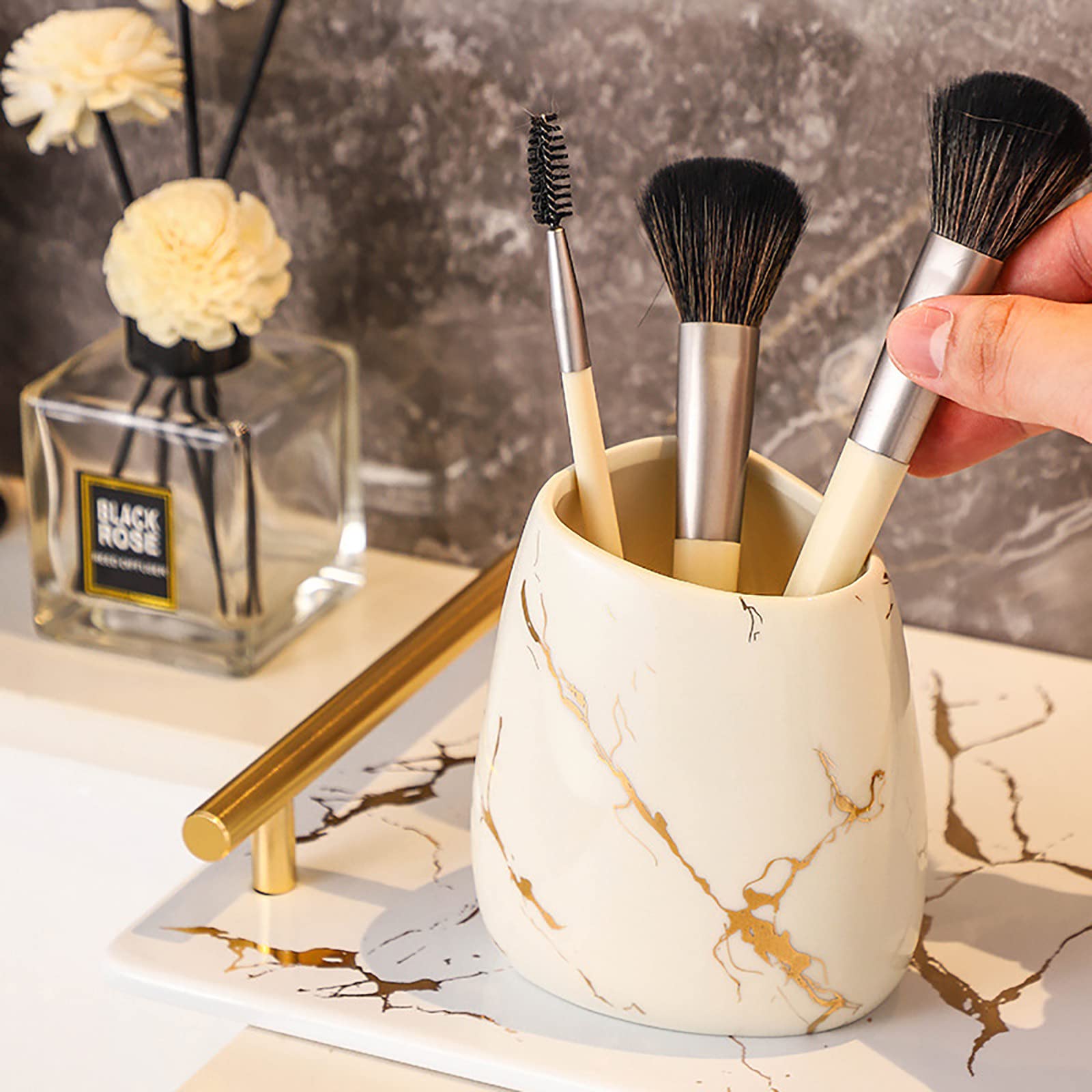Juegos de Accesorios de baño, Acesorios Cuartos de Baño 5 Piezas para Dispensador Jabon Baño, Jabonera Baño, Porta Cepillo de Dientes Dosificador Jabon Baño Gel de Ducha Cerámica Blanco