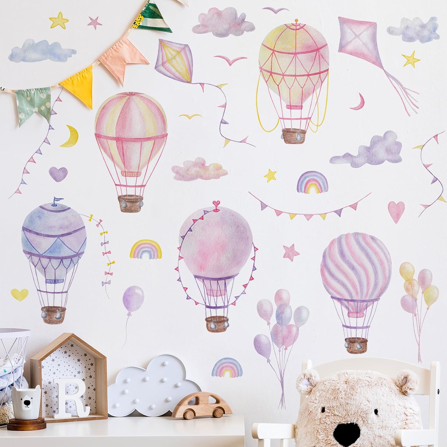 Amazon.com: Buiory Large Hot Air Balloon Wall Decals Stars Clouds ...