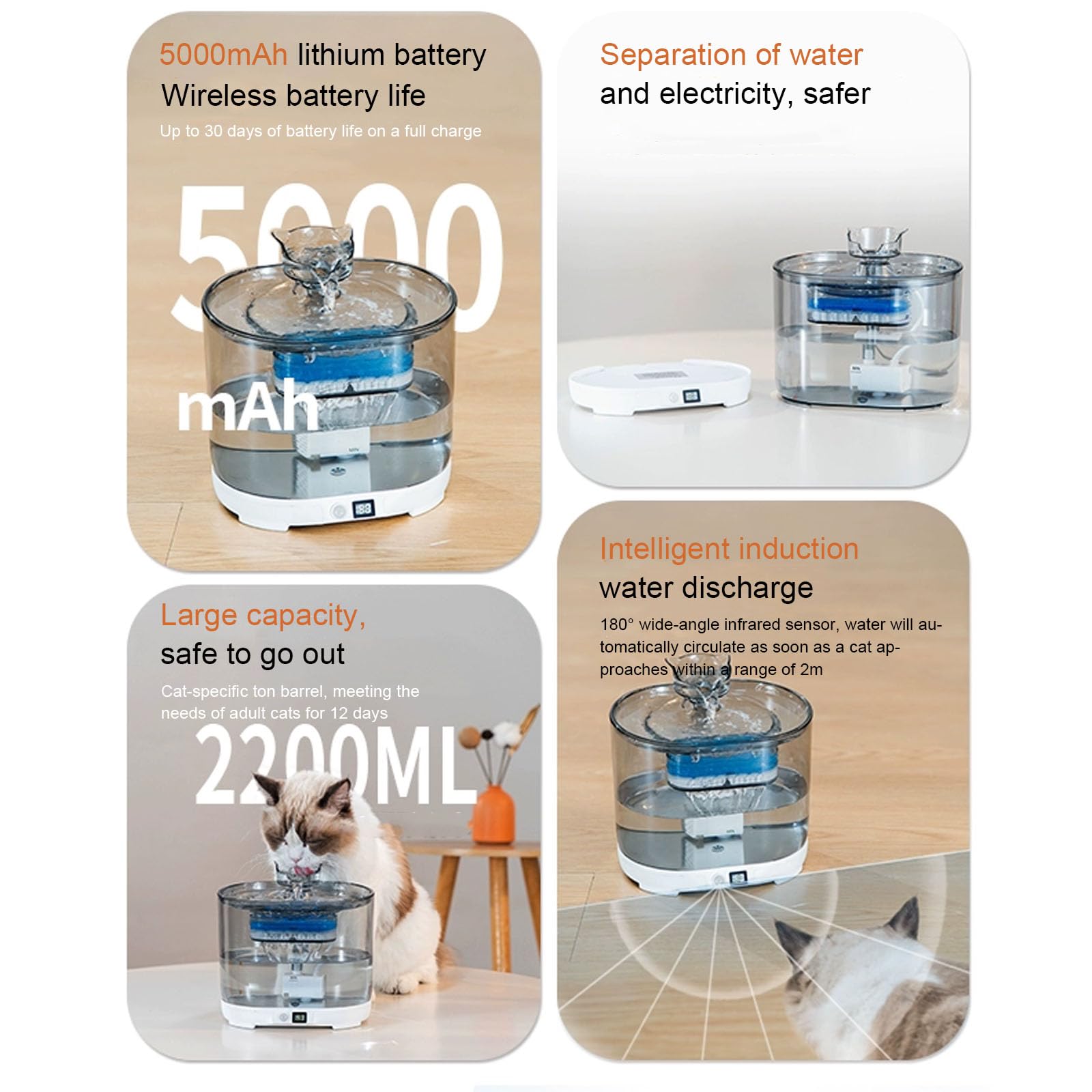 Fuente para Gatos Sin Cable, Fuente De Agua para Perros, Bebedero Gatos Automatico, 2.2L Fuente Agua Gatos con Bateria 4000Mah Recargable, 3 Filtros