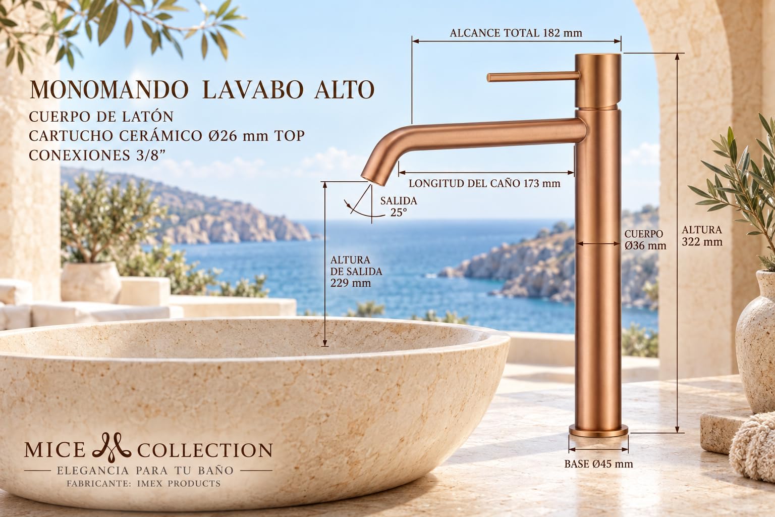MICE BDM039-3ORC - Rubinetto monocomando per lavabo MONZA - Oro rosa spazzolato