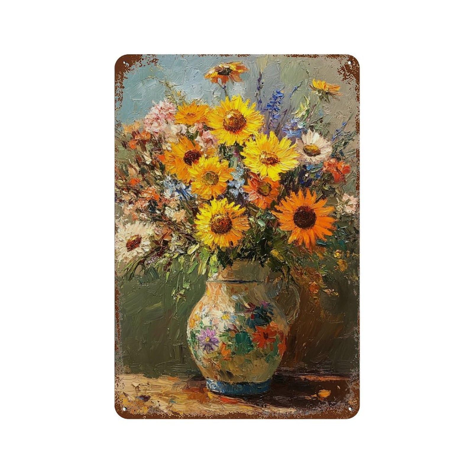 Sunflower Bouquet Oil Painting Retro Metal Sign 11.8"x7.9", for Pub, Kitchen And Man Cave Decor, Retro Wall Decor