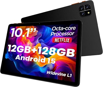 Tablet 10 Inch Tablet, Android 15 Tablets, 12GB RAM 128GB ROM, Octa-core Processor, IPS HD Display, Widevine L1, WiFi 6 & Bluetooth 5.4, Dual Cameras, Dual Speakers, 6000mAh Battery - Black