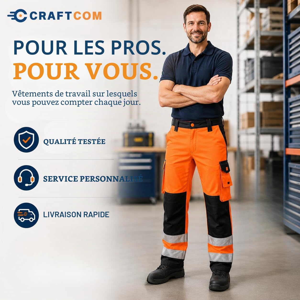 Generisch CraftGear Pantalon de travail pour homme - Pantalons de travail renforcés en Cordura orange avec protection des genoux réfléchissante et poches cargo pour artisans, pantalon de signalisation