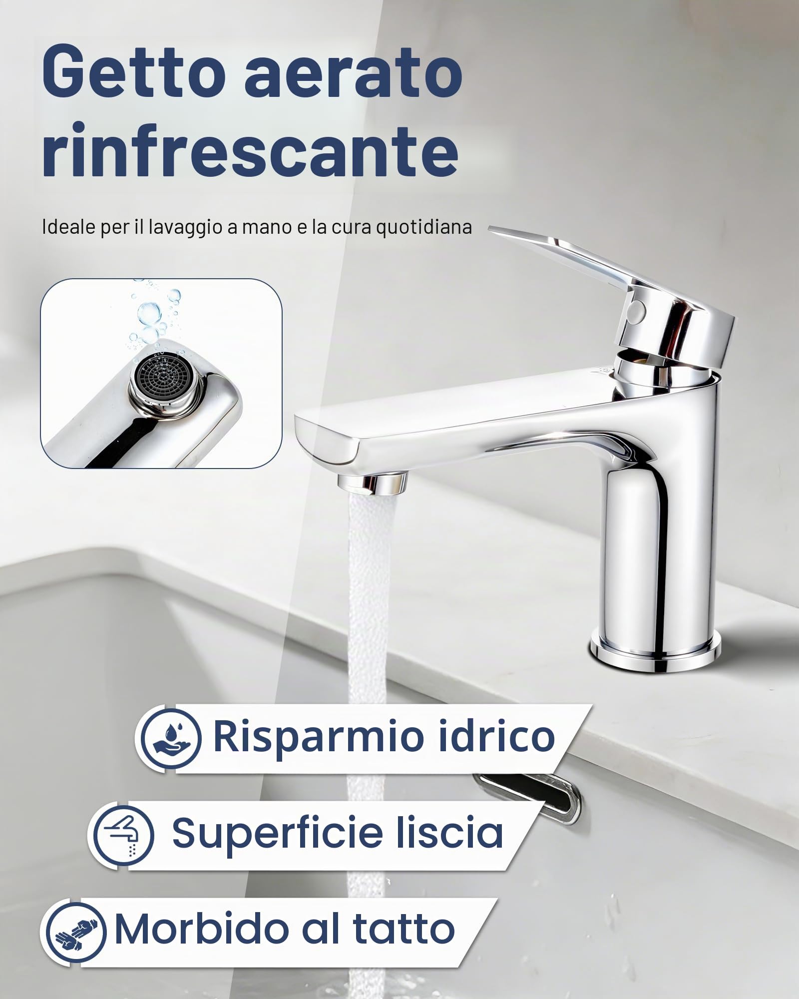 Rubinetto da bagno in acciaio inox, miscelatore monocomando per lavandino, rubinetto da bagno con tubo di collegamento da 60 mm, altezza erogatore 95 mm, risparmio energetico, rubinetto per lavabo per