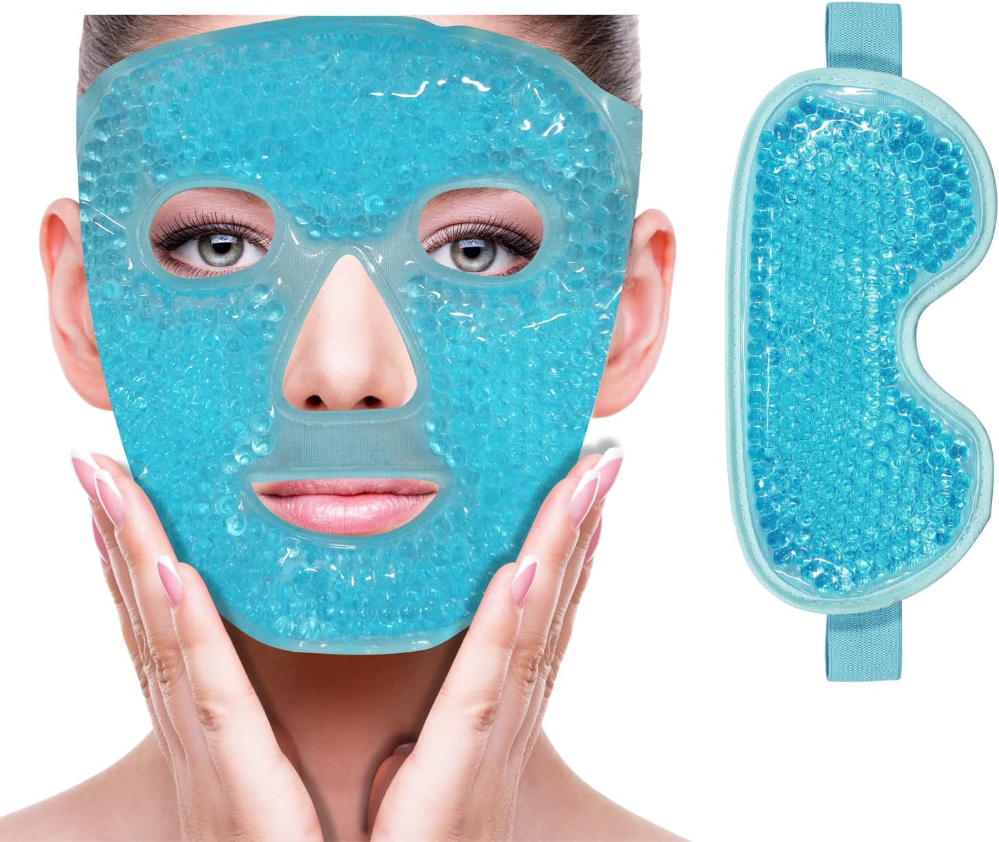 ZNÖCUETÖD Cooling Ice Face Eye Mask for Reducing Puffiness, Bags Under Eyes,Sinus,Redness,Pain Relief,Dark Circles, Migraine,Hot/Cold Pack with Soft Plush Backing (Blue(1* Eye Mask+1*Face Mask))