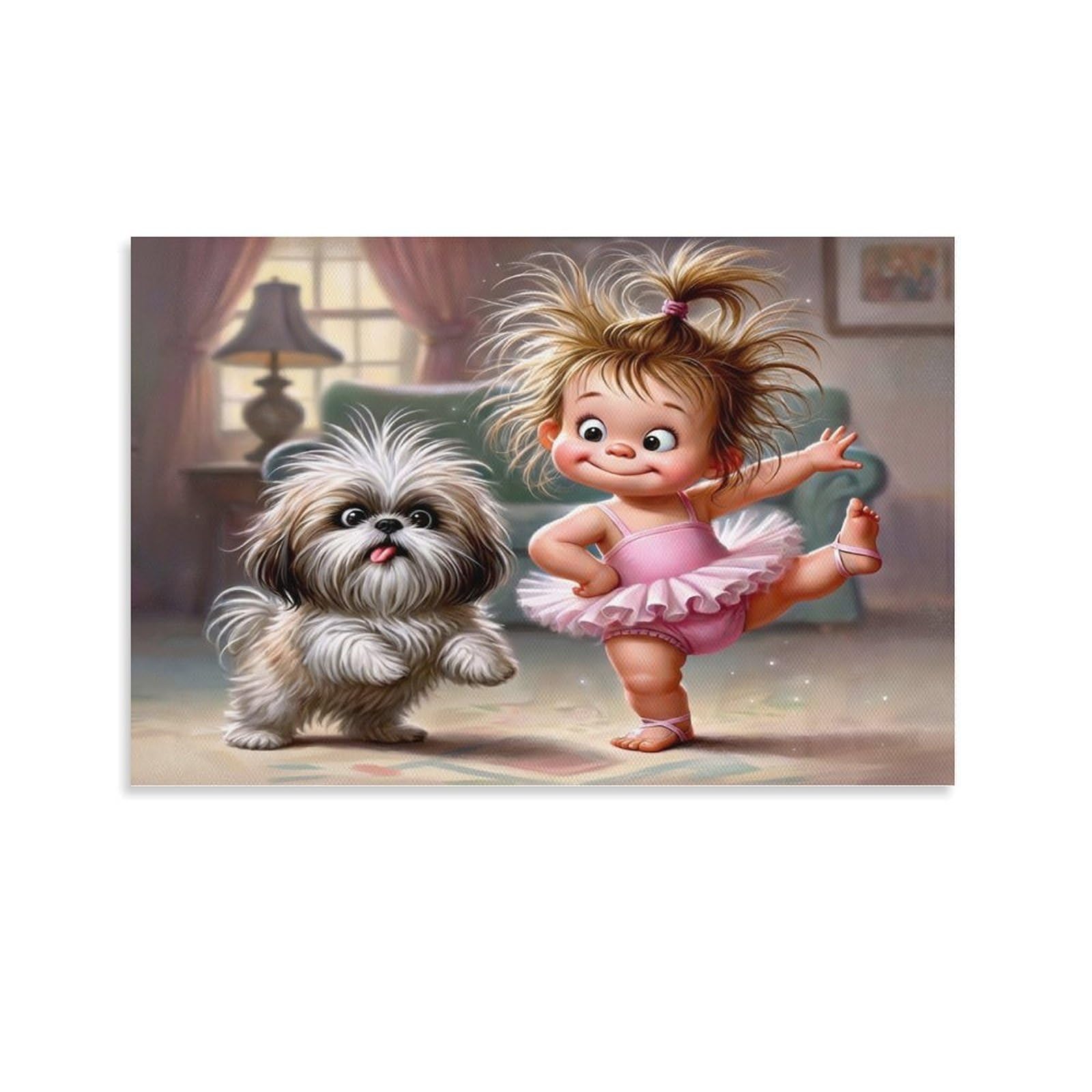 CPLVKWRQJ Cute Girl Dancing with Dog 1 Piece Ballerina Girl Fluffy Dog Canvas Wall Hanging - Living Room Gallery Wall Focal Point Fade Resistant Decor 08x12inch(20x30cm)