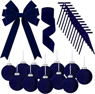 26 PCS Christmas Velvet Ornaments Decor Kit - Tree Toppers Bow, Ribbon, 12 Flocked Christmas Balls & 12 Vintage Bows for Navy Blue Holiday Xmas Tree Decorations (Navy Blue)