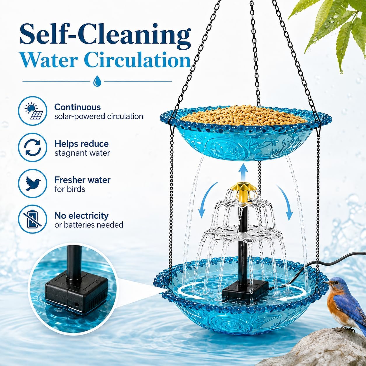 Hanging Bird Bath with Solar Fountain, Double Layer Birdbath Fountain image 4