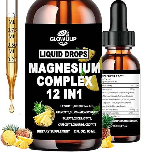 Complejo de magnesio 12 en 1, suplemento de 1000 mg para mujeres y hombres, magnesio líquido de alta absorción con citrato de glicinato, malato,