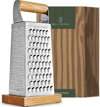 WALDWERK Premium Grater with Etched Stainless Steel Blades - Grater for Kitchen with Oak Wood Base - Box Grater with 4 Sides for Parmesan Cheese, Vegetables, Carrots, or Potatoes - Cheese Grater