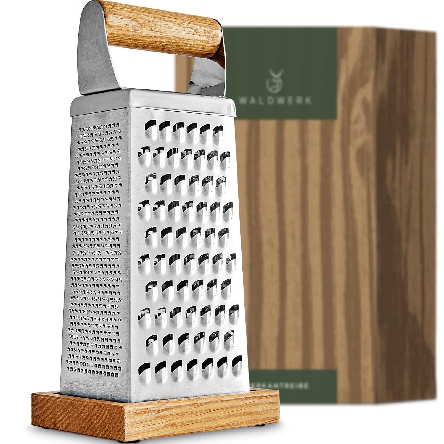 WALDWERK Premium Grater with Etched Stainless Steel Blades - Grater for Kitchen with Oak Wood Base - Box